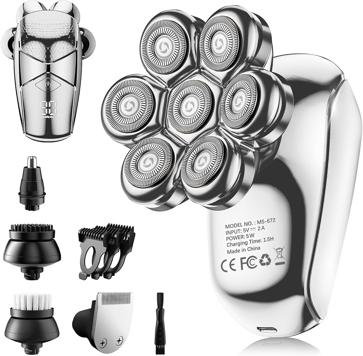 Detachable Head Shavers, Shpavver 5 In 1 Electric Razor Ipx7 Waterproof For Bald Men, Wet Dry Led Display Rechargeable 7D Rotary