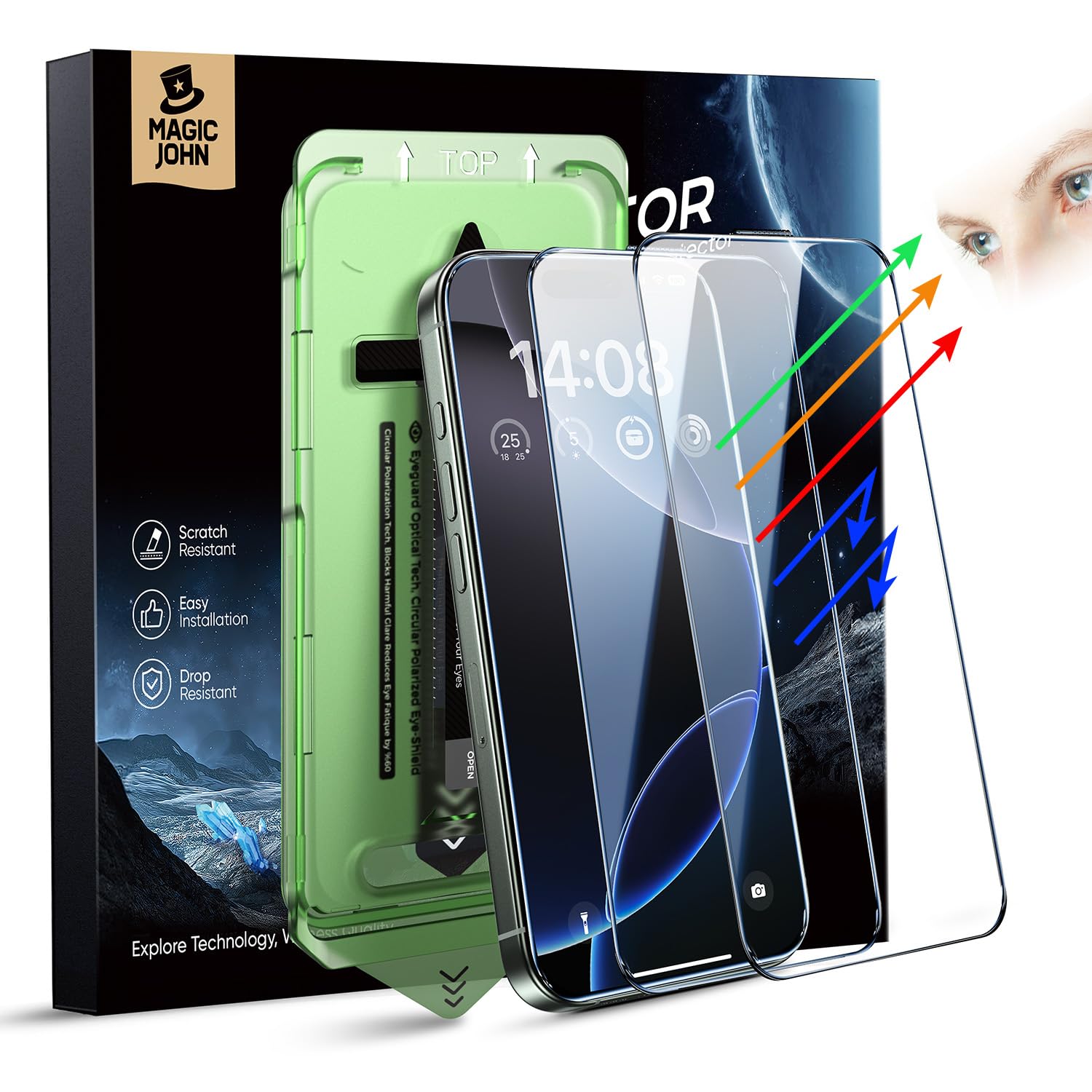 Magic John 2 Pack For Iphone 16 Pro Screen Protector (6.3'') Eye Protection, Hd Clear, Auto Dust-Elimination, 9H Tempered Glass 