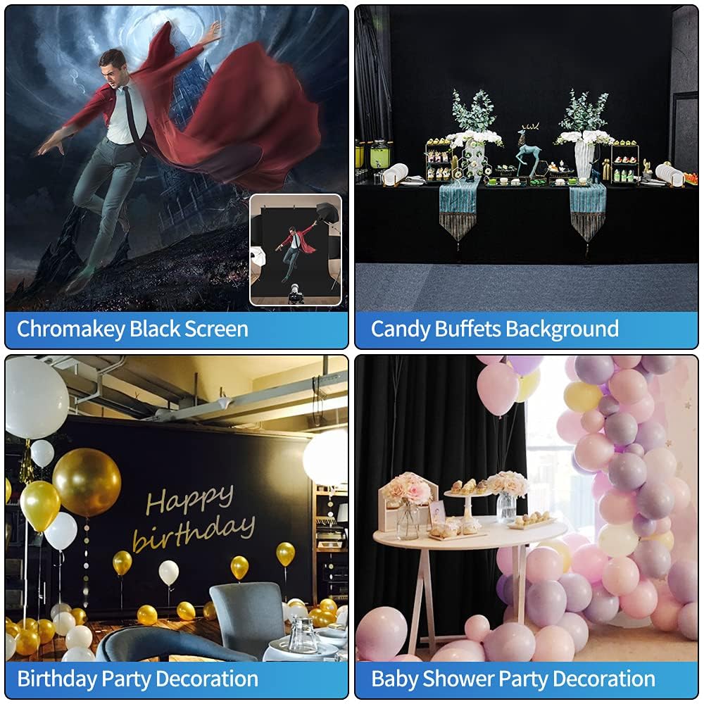 Hemmotop Black Backdrop 10X8 Ft, Black Photo Backdrops For Photoshoot, Polyester Fabric Black Background Curtain Screen Seamless