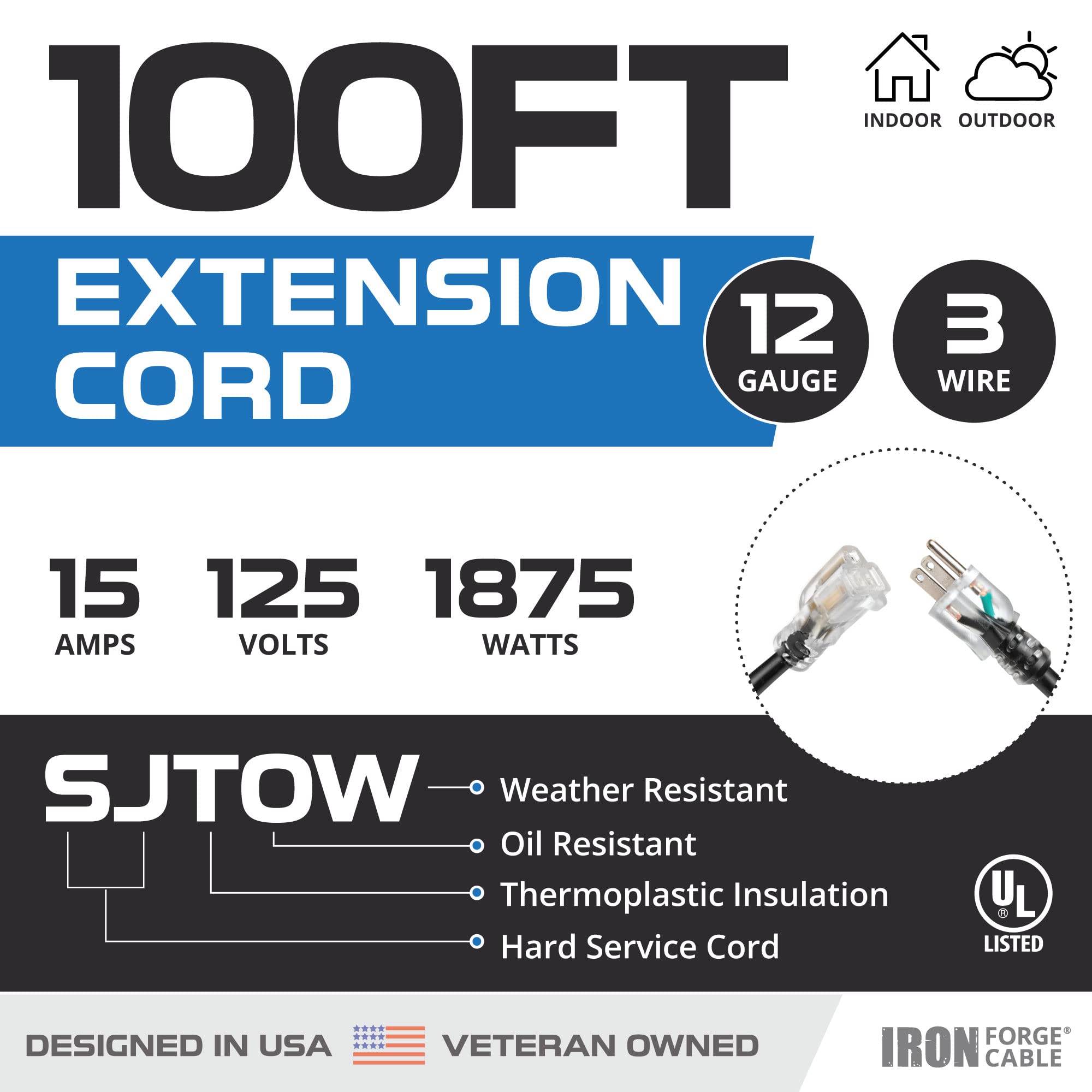 Iron Forge Cable 100 Ft Heavy Duty Extension Cord Outdoor, Sjtow Oil Resistant 12 Gauge Lighted Extension Cord 3 Prong, 12/3 Bla