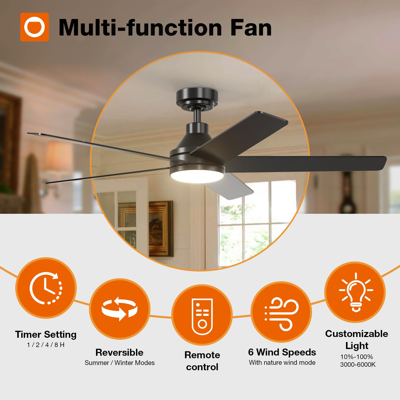 Addlon Ceiling Fans With Lights, 52 Inch Ceiling Fan With Light And Remote Control, Reversible, 3Cct, Dimmable, Noiseless, Black