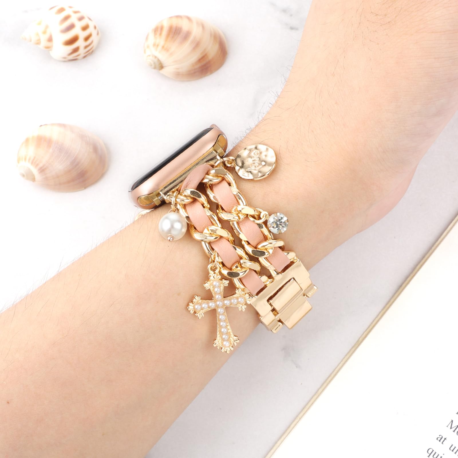 Realsign Stylish Metal Wristband Compatible With Apple Watch Band 38Mm 40Mm 41Mm,Cuban Chain Bracelet With Cross Pearl Diamond P