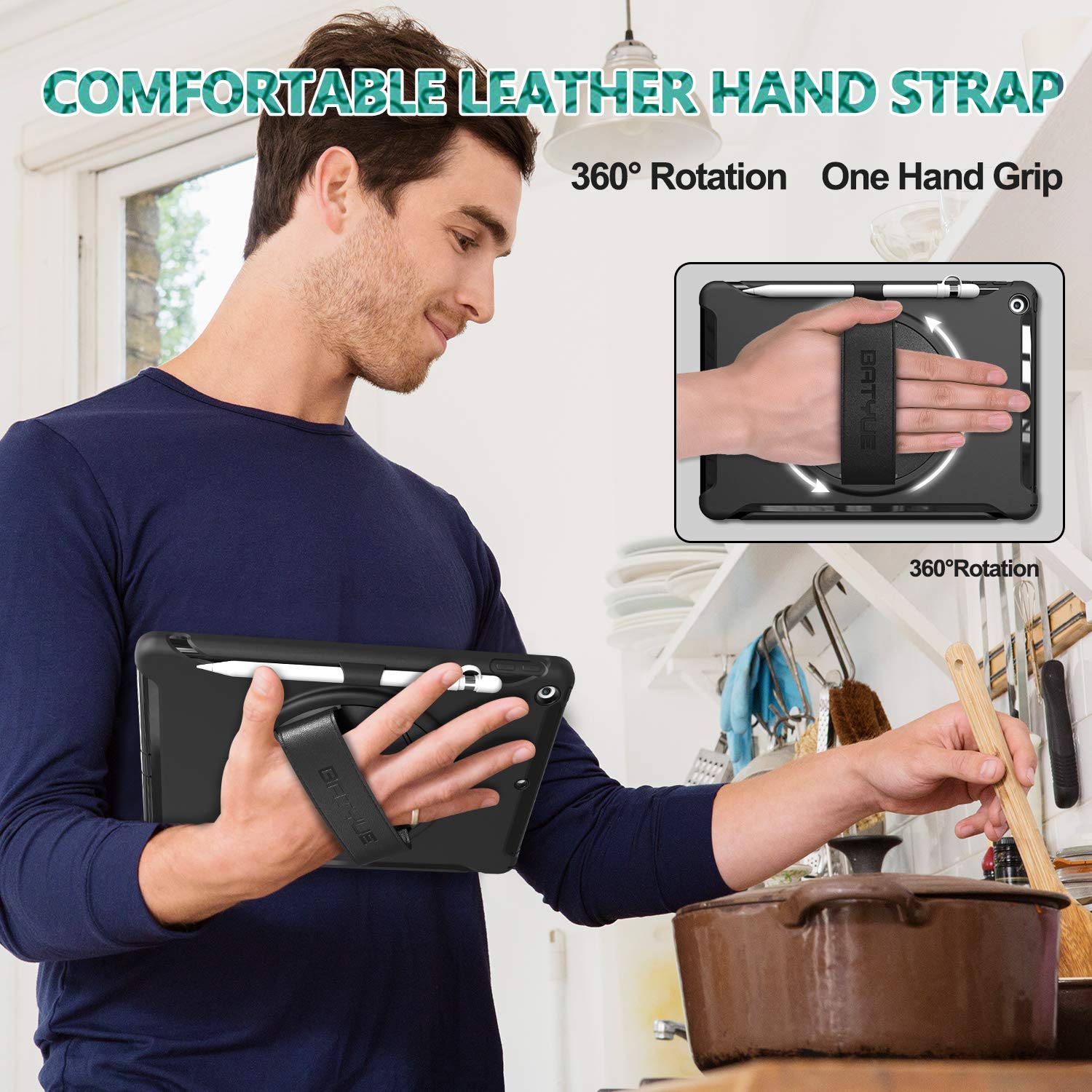 Batyue Ipad 9Th/ 8Th/ 7Th Generation Case (Ipad 10.2 Inch Case 2021/2020/2019) With Screen Protector, Rotating Stand/Hand Strap/