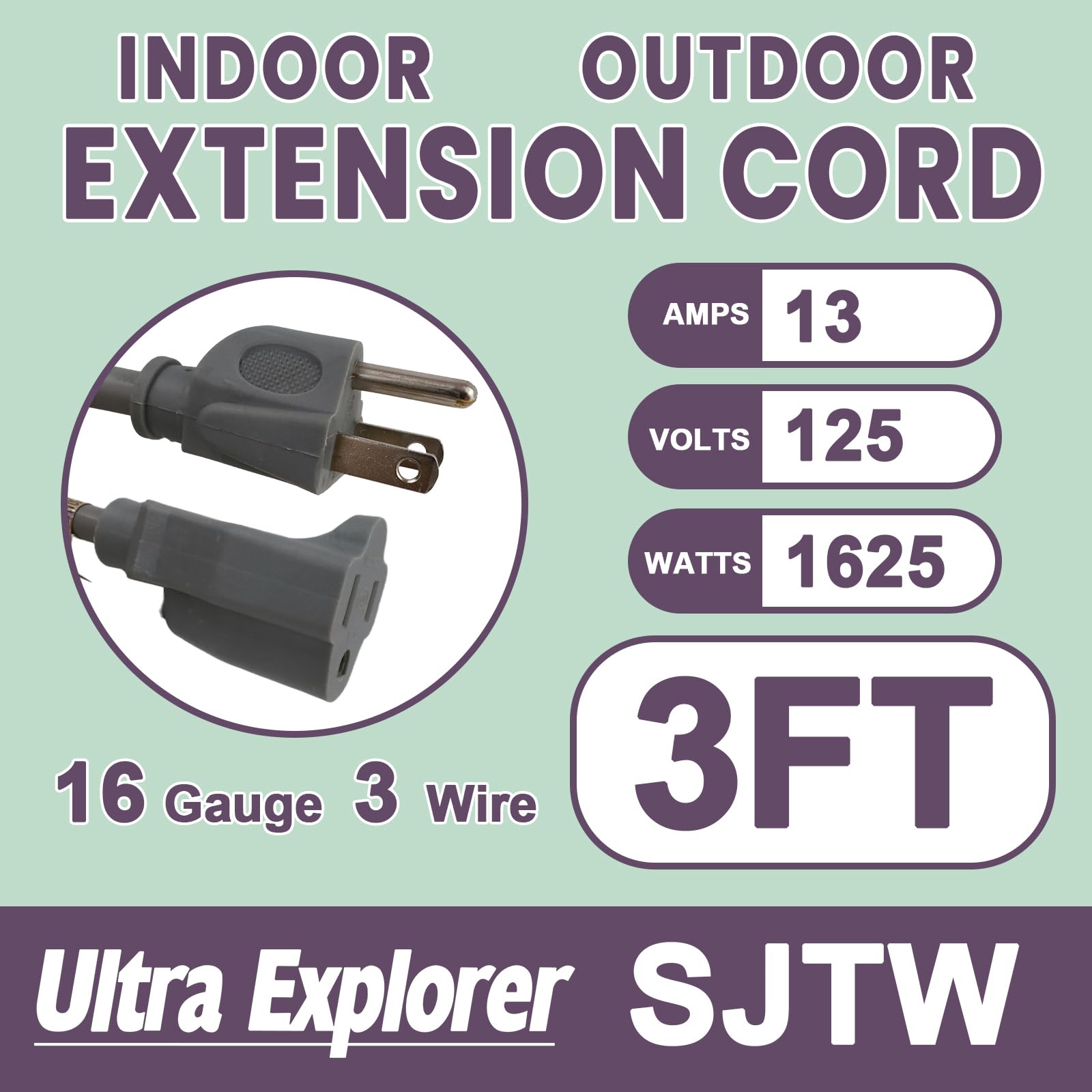 3 Ft Indoor Extension Cord, 16/3 Gauge Extension Cord Ouside, 3 Prong Grounded Plug White Electrical Cable, Sjtw, 13A 1625W, Ul