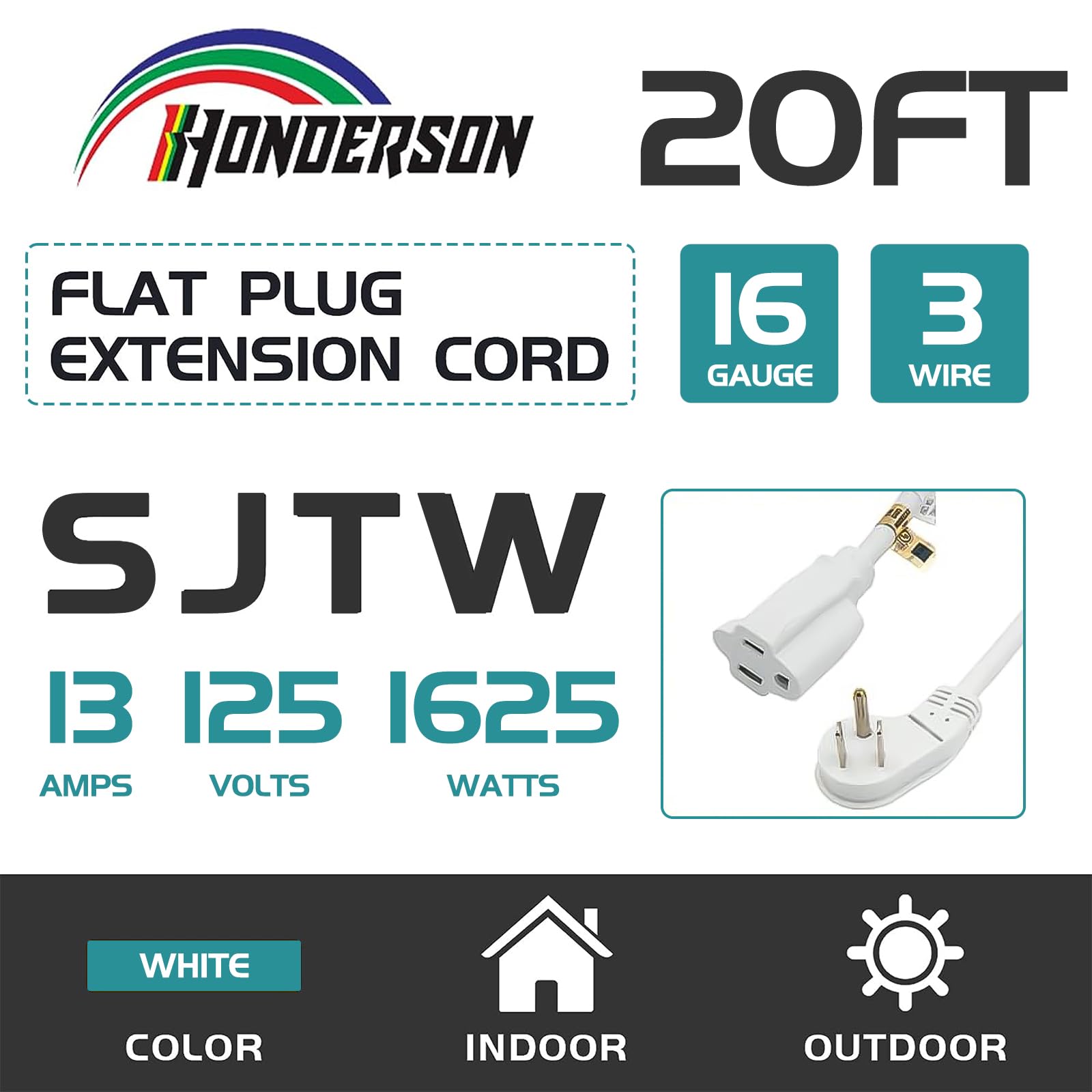 Honderson Flat Plug Indoor Extension Cord, Ul Listed, 16 Gauge 20Ft White 3 Prong Heavy Duty Extension Cord, 16/3 Sjtw 13A Power