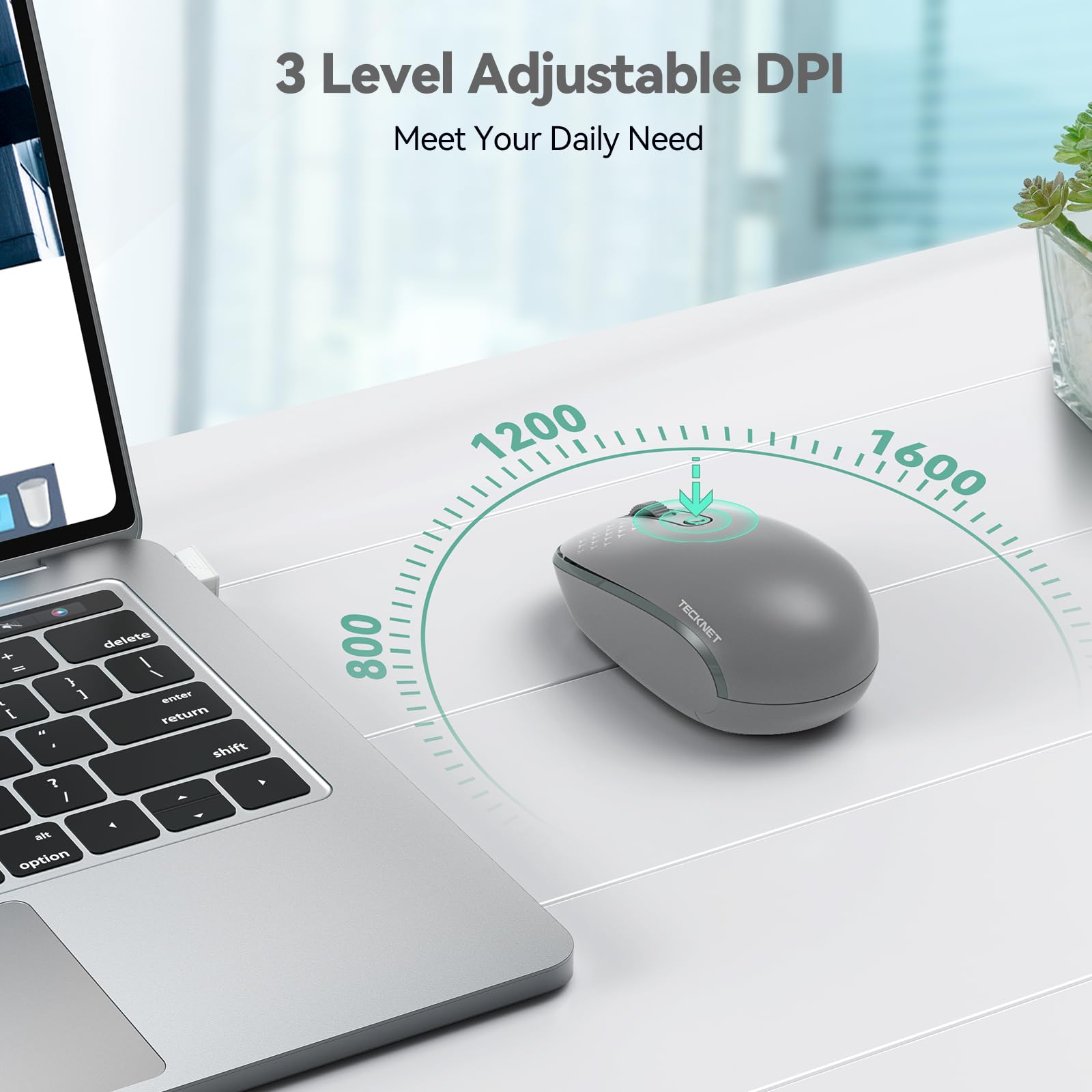 Tecknet Wireless Mouse, 2.4G Quiet Computer Mouse With Usb Receiver, 4 Buttons Portable Cordless Mice For Chromebook, Laptop, Pc, Mac, 800/1200/1600 Dpi   Grey