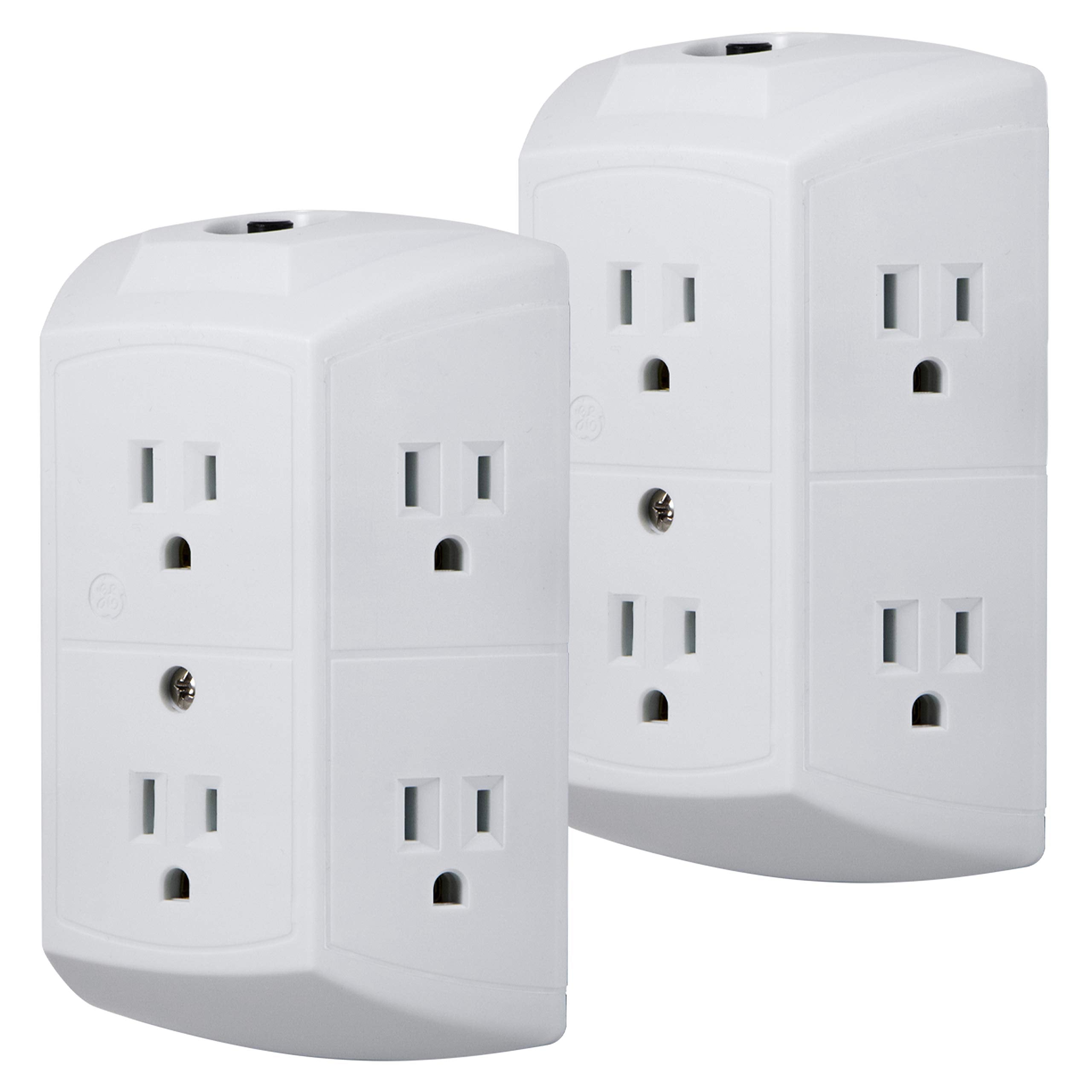 Ge 6 Outlet Extender, 2 Pack, Grounded Wall Tap, Reset Button, Circuit Breaker, Adapter Spaced Outlets, 3 Prong, Quick And Easy