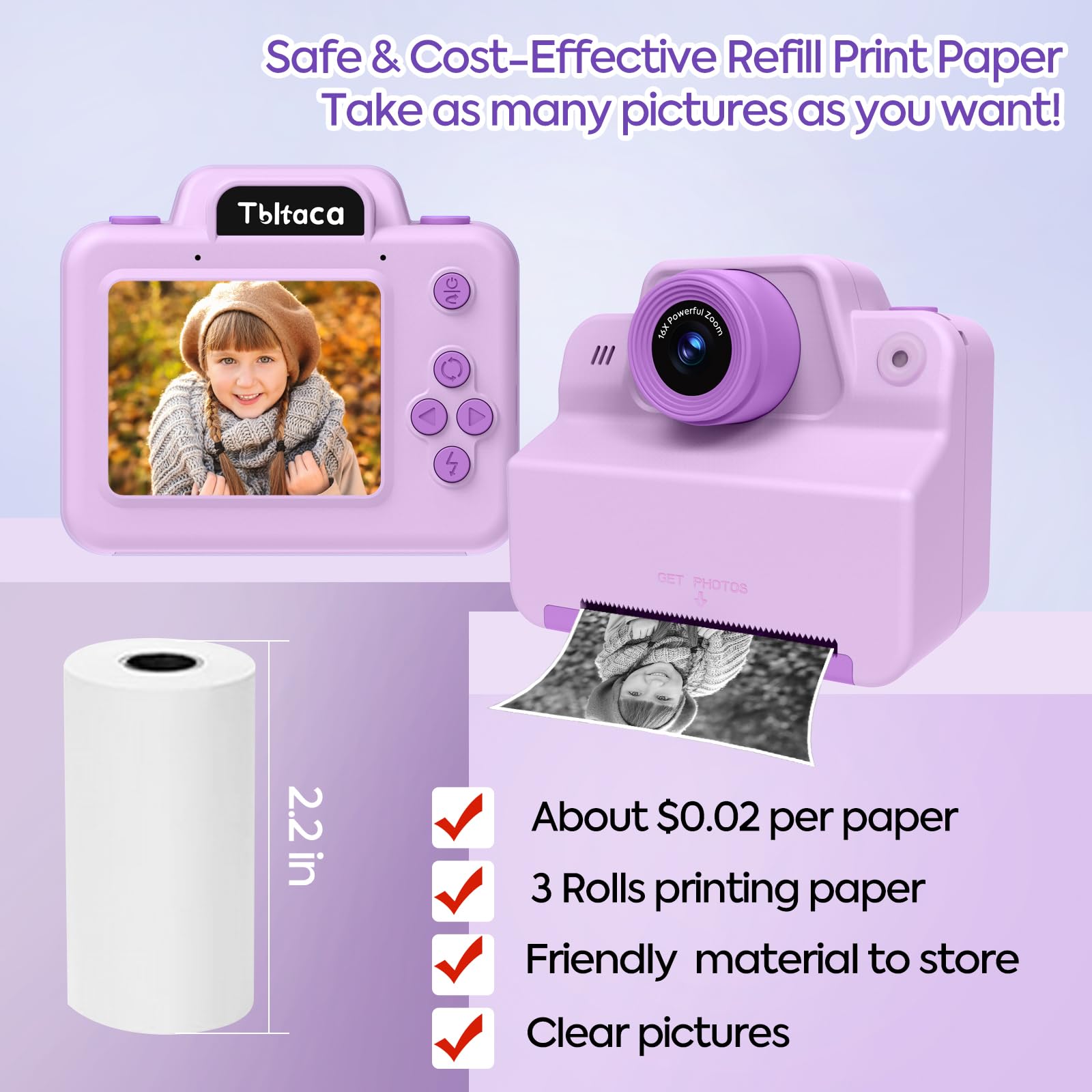 Instant Print Camera For Kids, Toddler Kids Camera Instant Print For 3 4 5 6 7 8 9 10 Years Old Girl Christmas Birthday Gifts, P