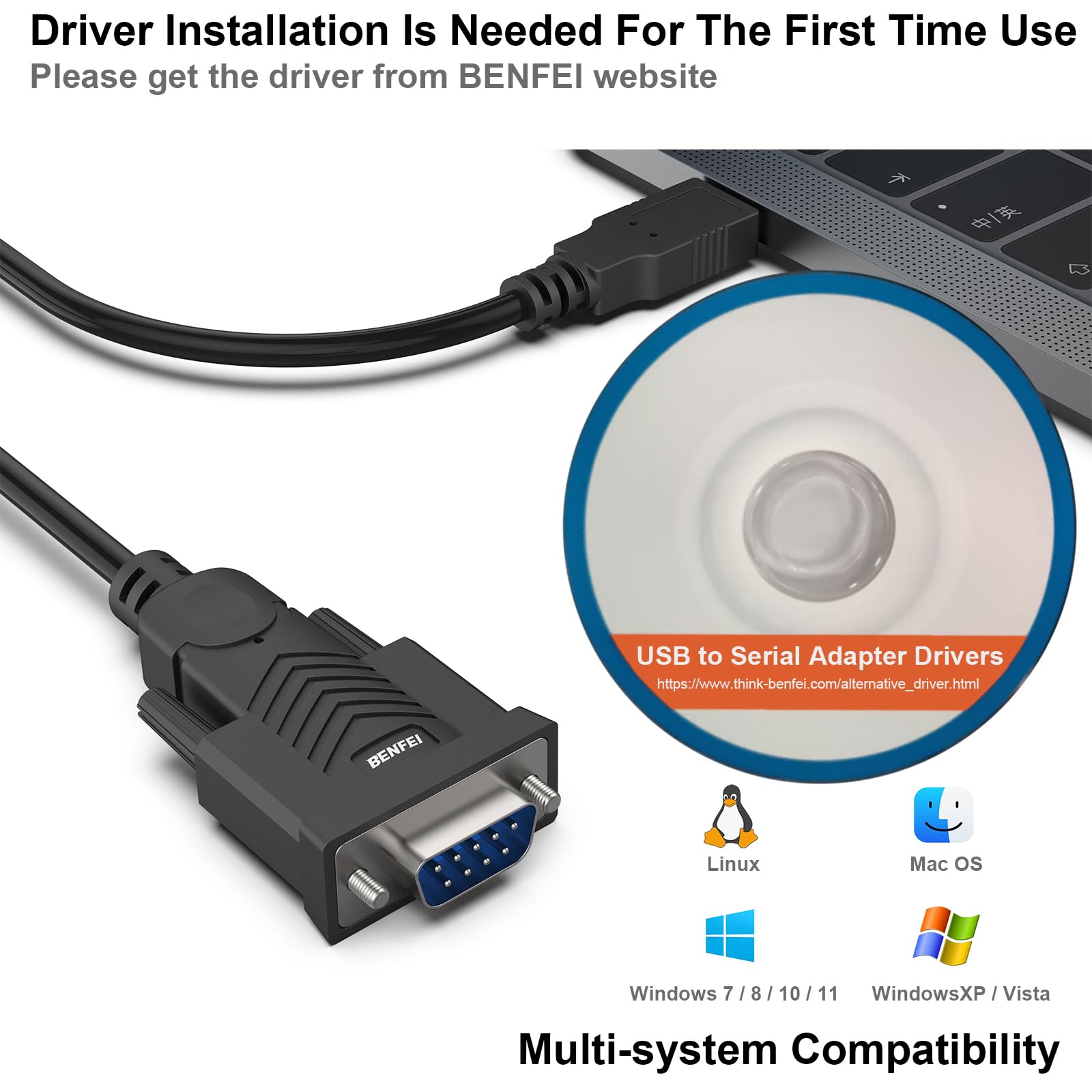 Benfei Usb To Serial Adapter, Usb To Rs 232 Male (9 Pin) Db9 Serial Cable, Prolific Chipset, Windows 11/10/8.1/8/7, Mac Os X 10.