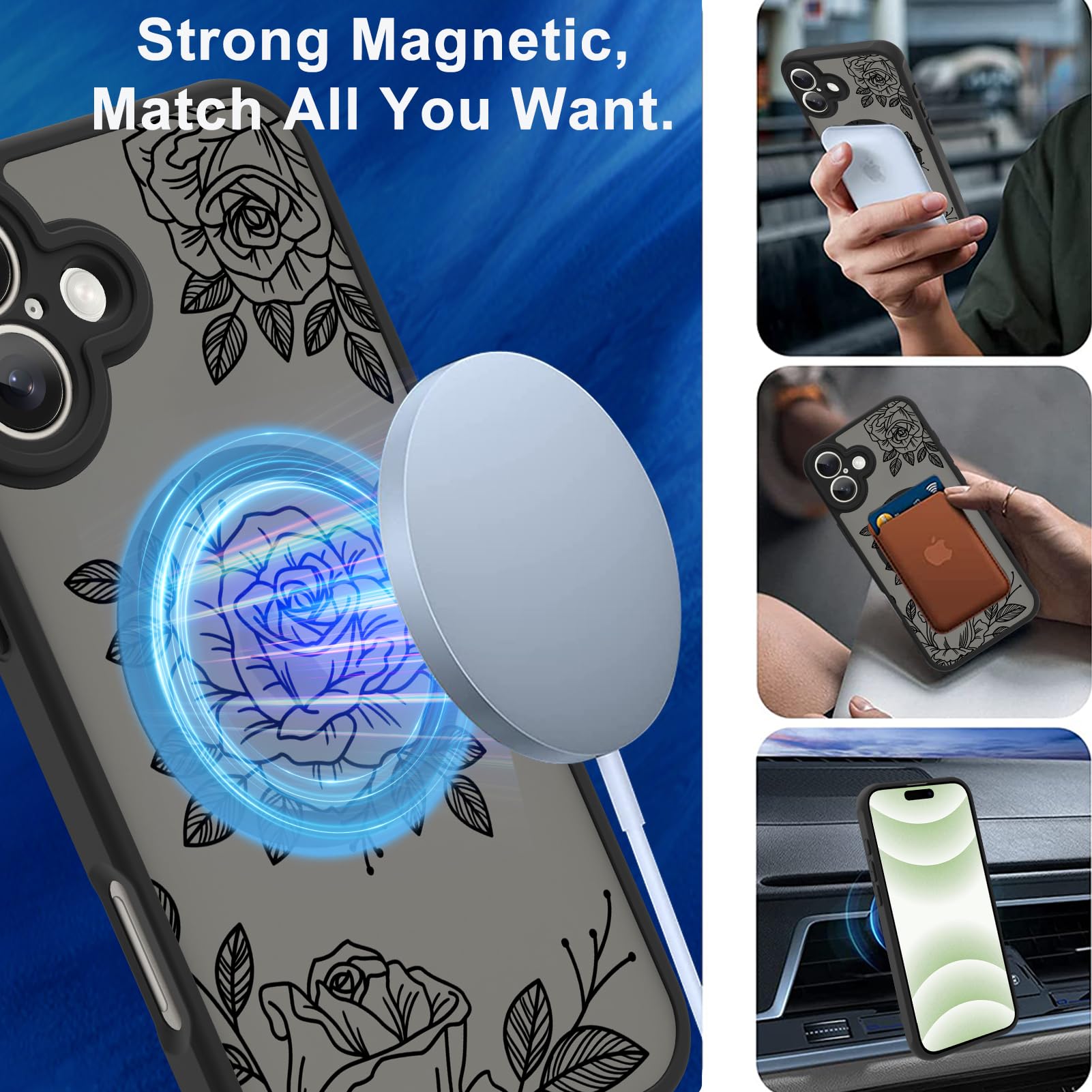 Ook Magnetic For Iphone 16 Case [Compatible With Magsafe] Black Flower Floral Slim Translucent Matte Case For Iphone 16 Case Cam
