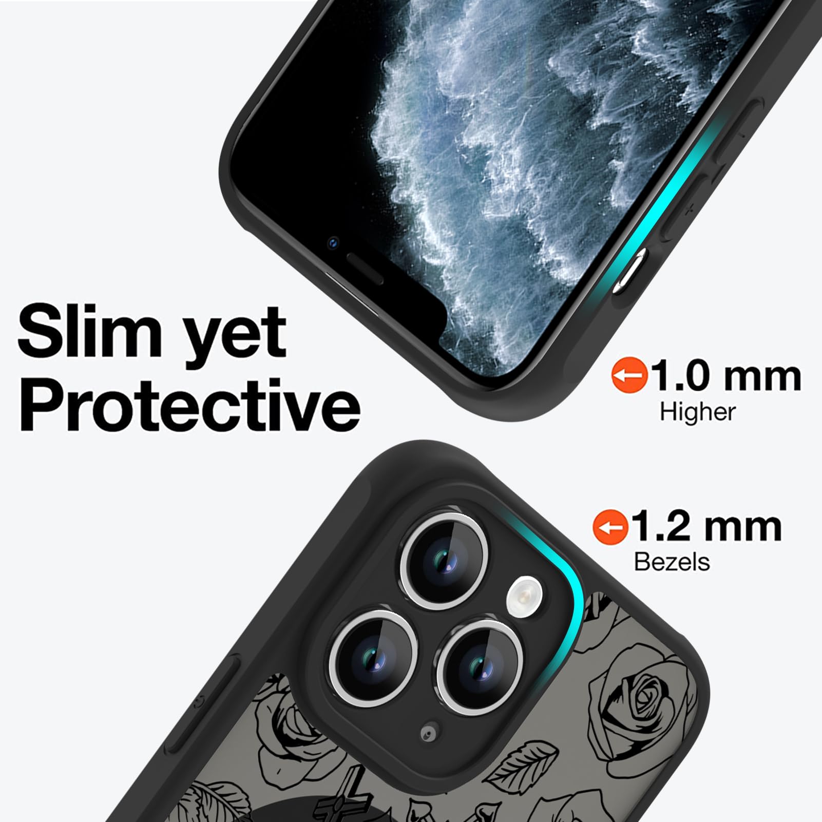 Ook Magnetic For Iphone 11 Pro Max Case Black Flower Skull Pattern [Compatible With Magsafe] Slim Translucent Matte Camera Lens
