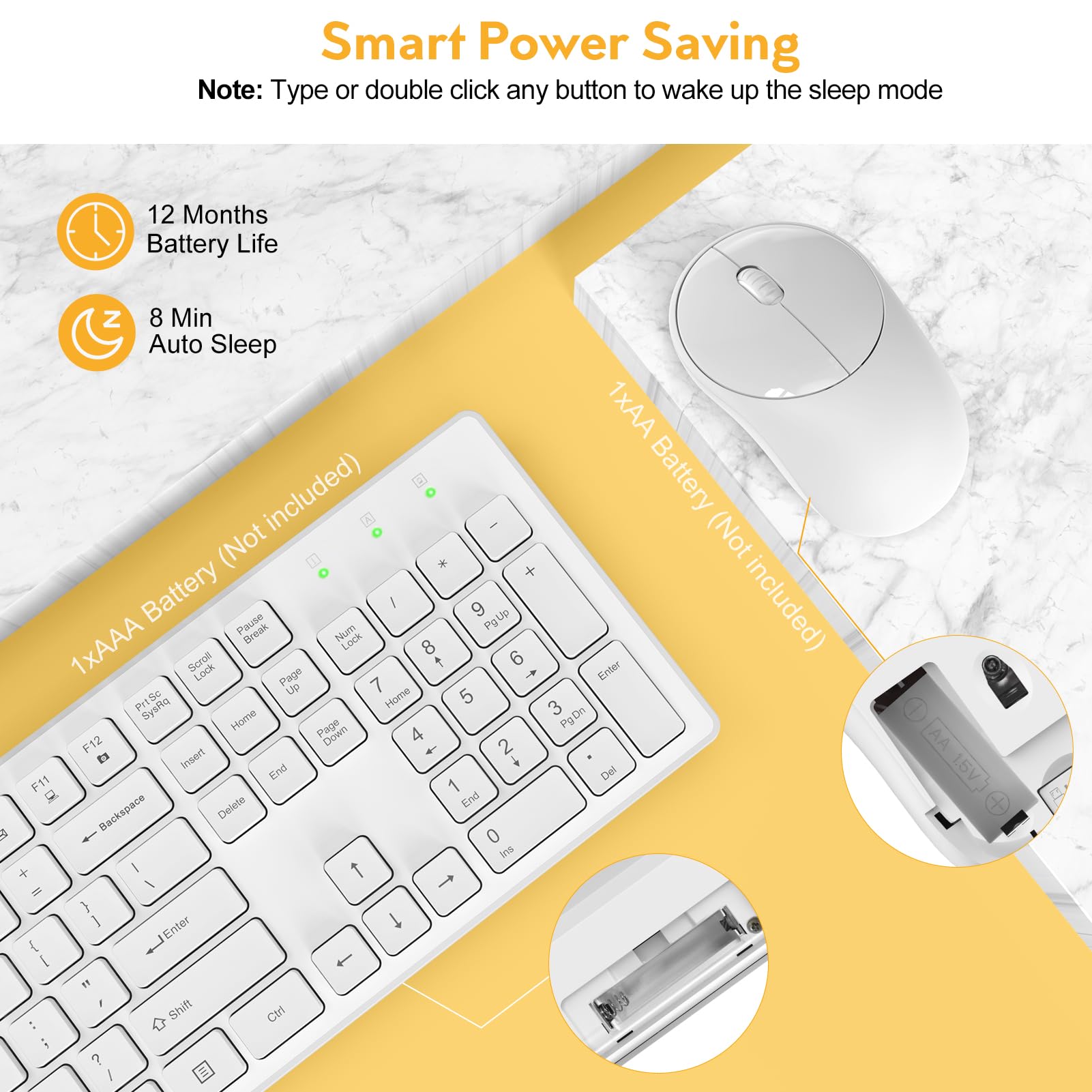 Wireless Keyboard And Mouse, Trueque Silent 2.4Ghz Cordless Full Size Usb Mouse Combo, Long Battery Life, Lag Free For Computer, Laptop, Pc, Windows, Mac, Chrome Os (White)