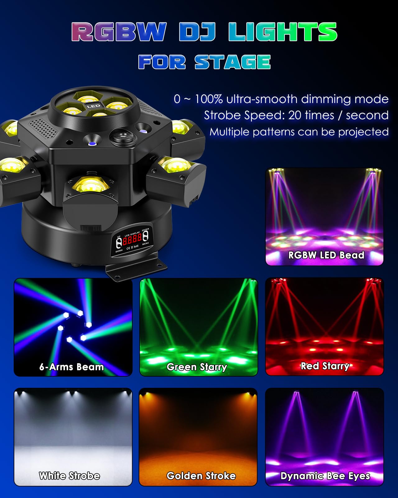 Moving Head Dj Lights, Spolehli 150W Rgbw Led Stage Light With 6 Arms Beam, Bee-Eye Light With Mixed Lighting Effects, Sound Act