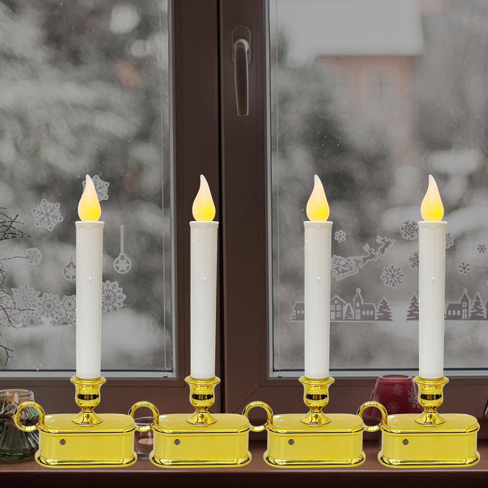 4 Pack 10 Inch Wireless Window Candle Lamps, Christmas Window Candle Light With Sensor, Flameless Flicker Led Lights And Gold Ba