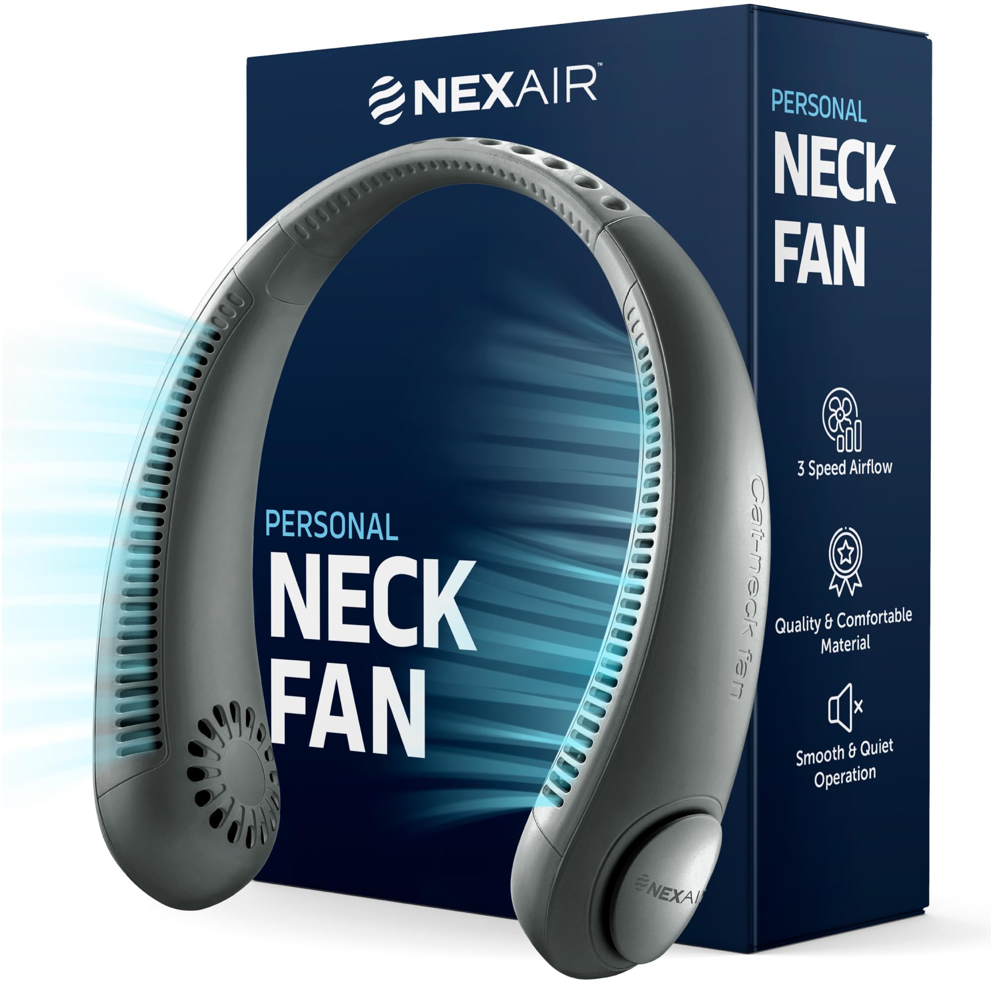Nexair Portable Neck Fan   3 Speed Rechargeable Bladeless Neck Fan, Adjustable Personal Black Neck Fan For Women & Men Modern De