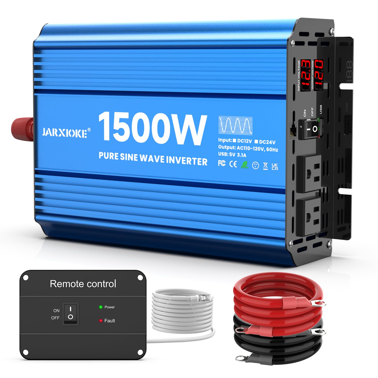 JARXIOKE 1500 Watt Pure Sine Wave Power Inverter, 12 Vdc to 110 Vdc to 120 Vdc, for Home, RV and Off-Grid Solar Systems, with 2 