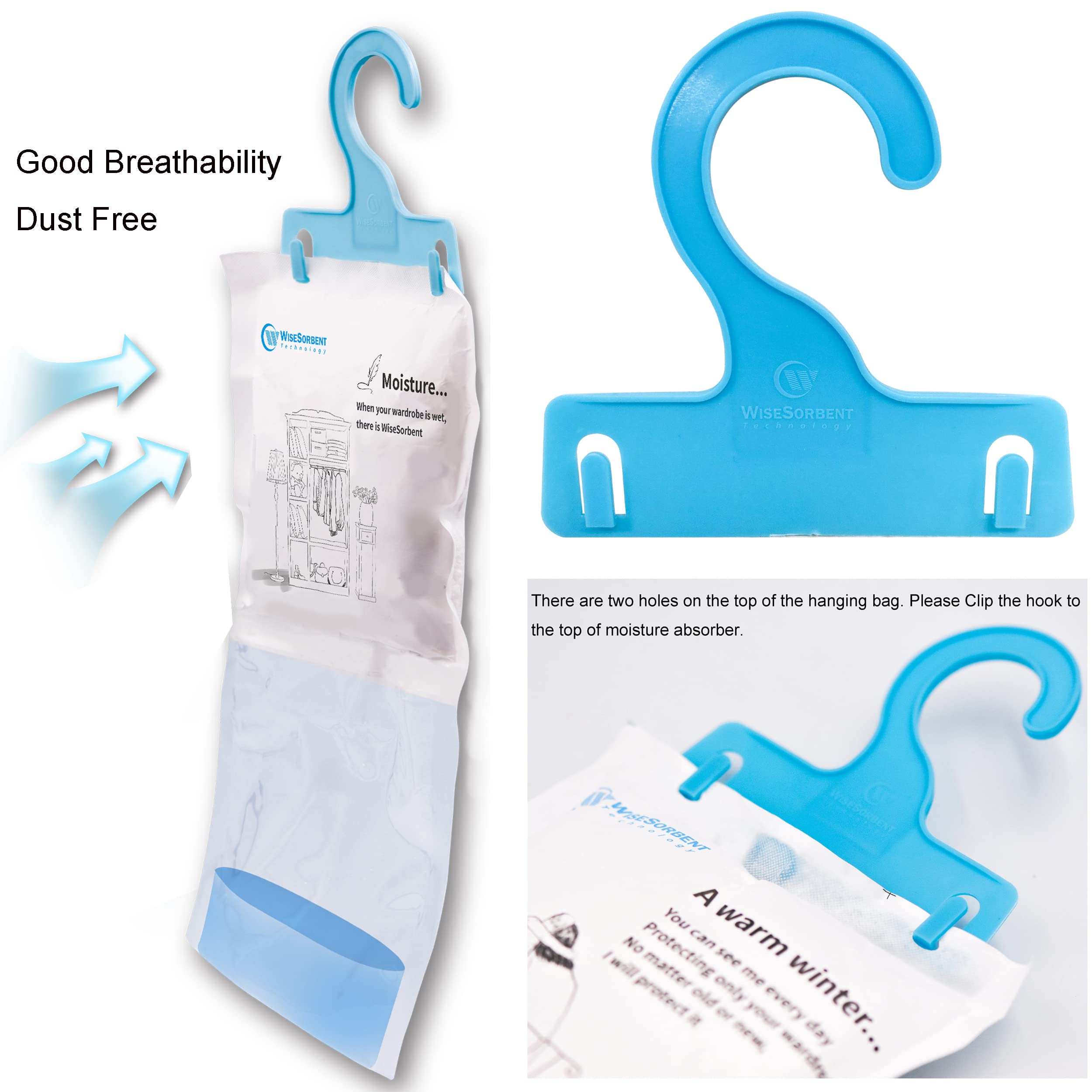 Wisesorb 12 Pack (7 Oz. Ea.) Moisture Absorber Refill Hanging Bags, Moisture Absorber Packets With Reusable 6Pcs Hooks, Humidity