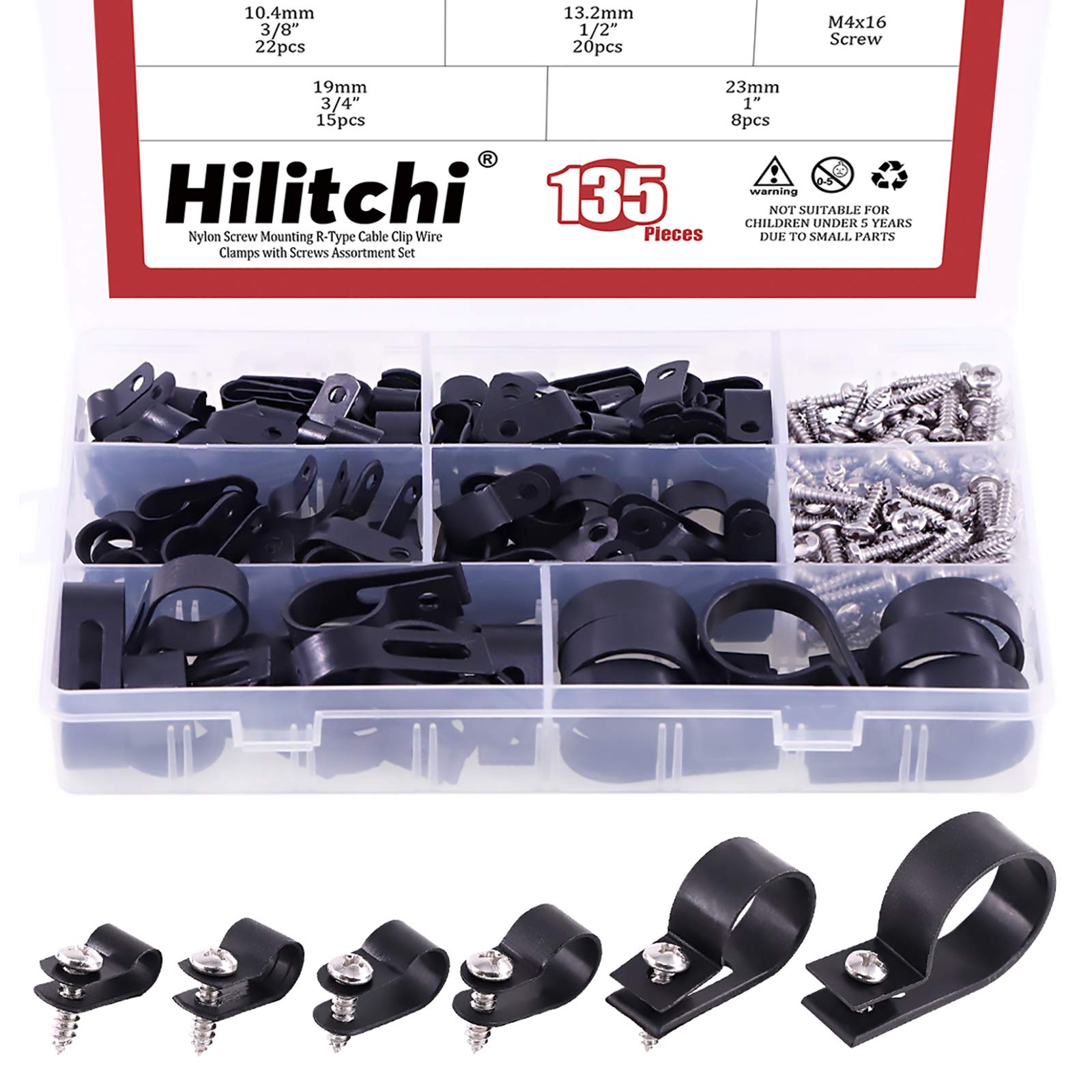 Hilitchi 135 Pcs 6 Sizes Black Plastic Cable Clamp R Type Screw Mounting Cord Fastener Cable Clips Assortment Kit With Screws Fo