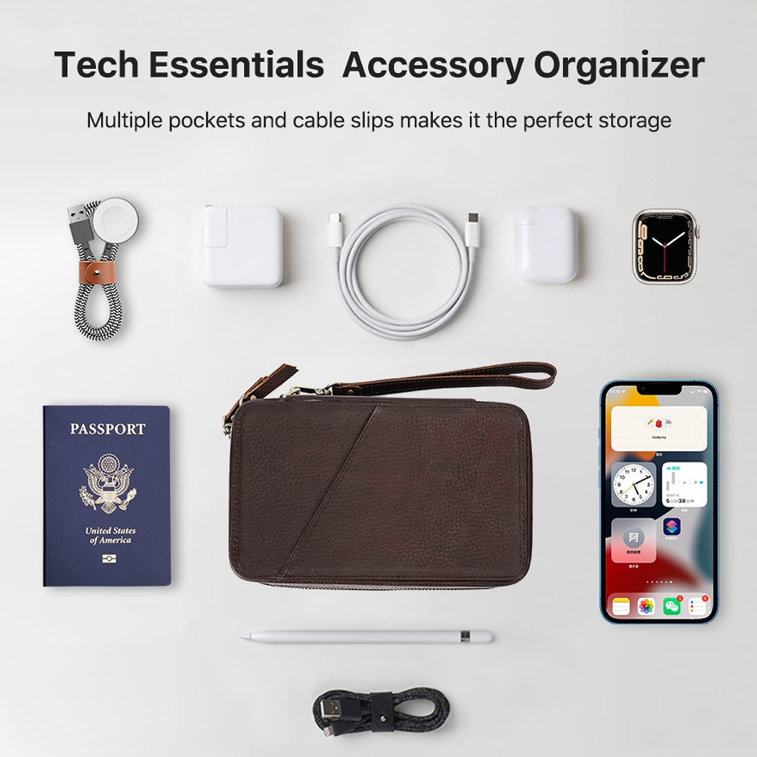 Catapurus Electronic Organizer Case Tech Kit, Top Grain Leather Handmade, Portable Compact Travel Electronic Accessories Storage