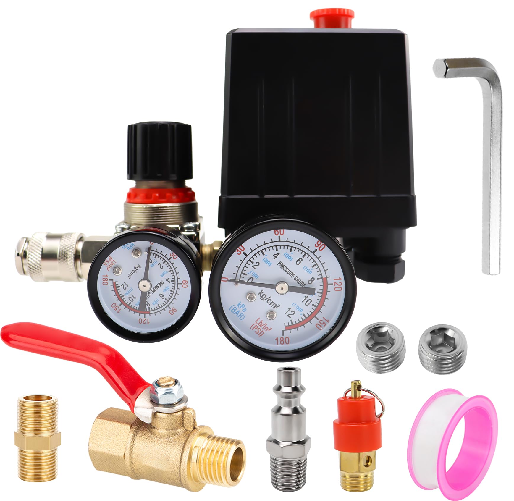 Air Compressor Pressure Switch, 90 120 Psi Pressure Switch For Air Compressor,Heavy Duty 4 Way Pressure Switch With 0 180 Psi Ai
