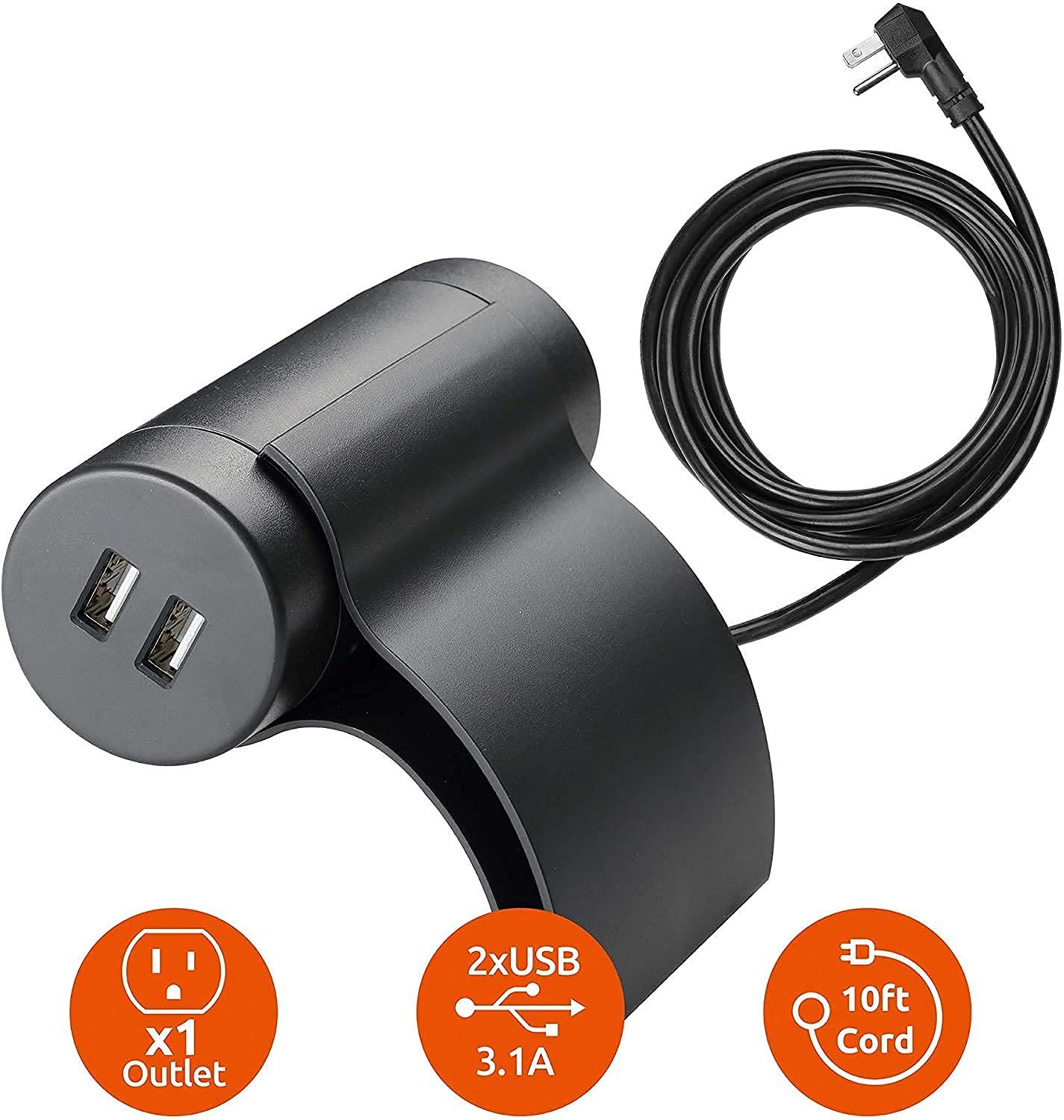 Link2Home Sofa Socket, 10Ft Extension Cord, 1 Outlet, 2 Ports, 3.1A Usb, With Low Profile Plug, Dark Grey