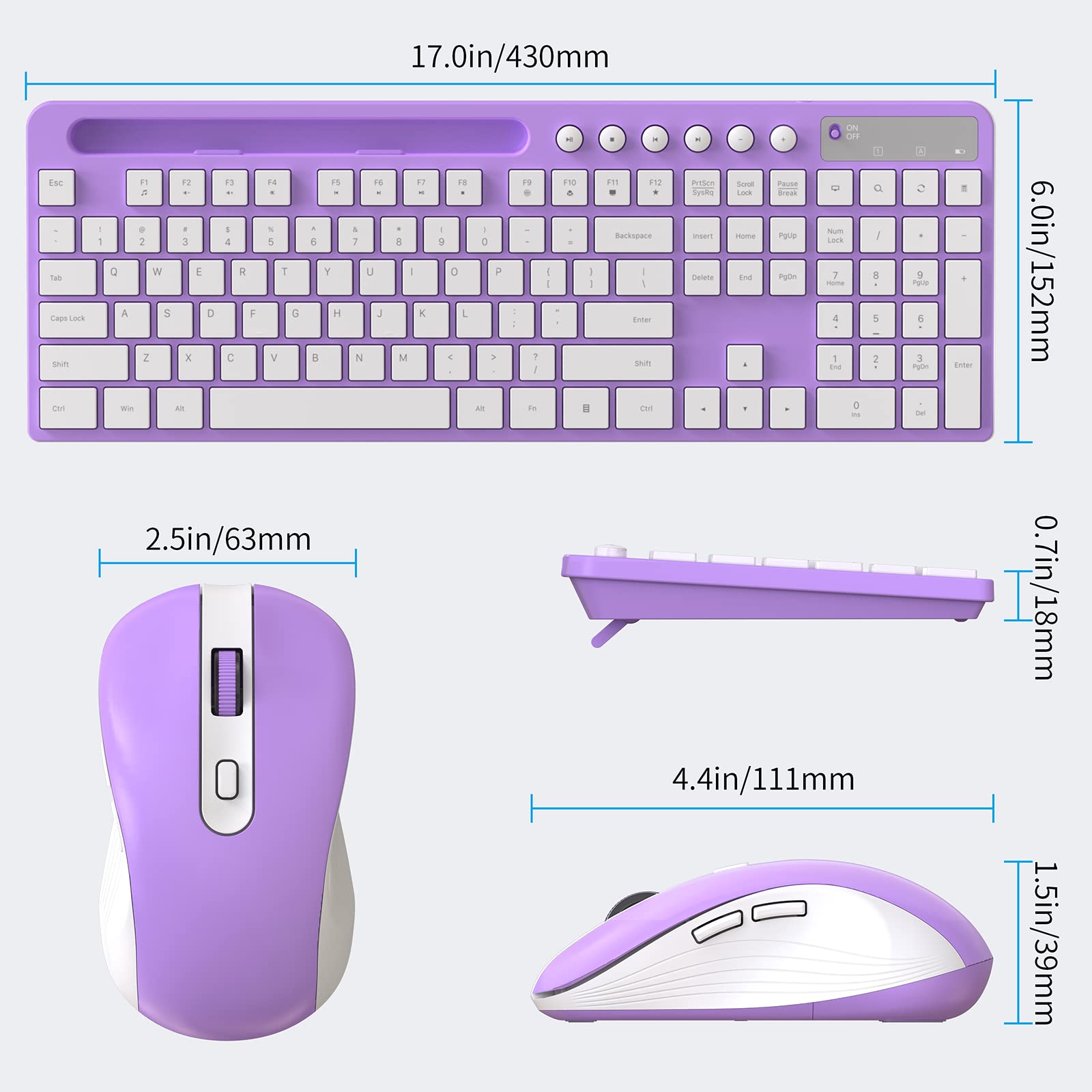Wireless Keyboard And Mouse Combo, Marvo 2.4G Ergonomic Wireless Computer Keyboard With Phone Tablet Holder, Silent Mouse With 6 Button, Compatible With Macbook, Windows (Purple)