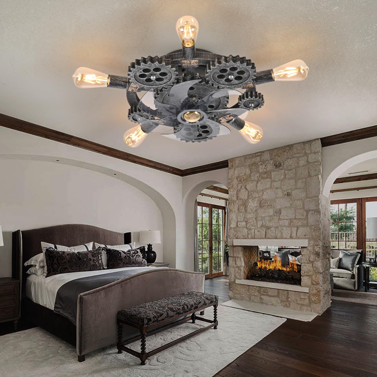 Hueoczw 20 Retro Industrial Steampunk Ceiling Fans With Lights And Remote,Low Profile Flush Mount Bladeless Ceiling Fan With Lig