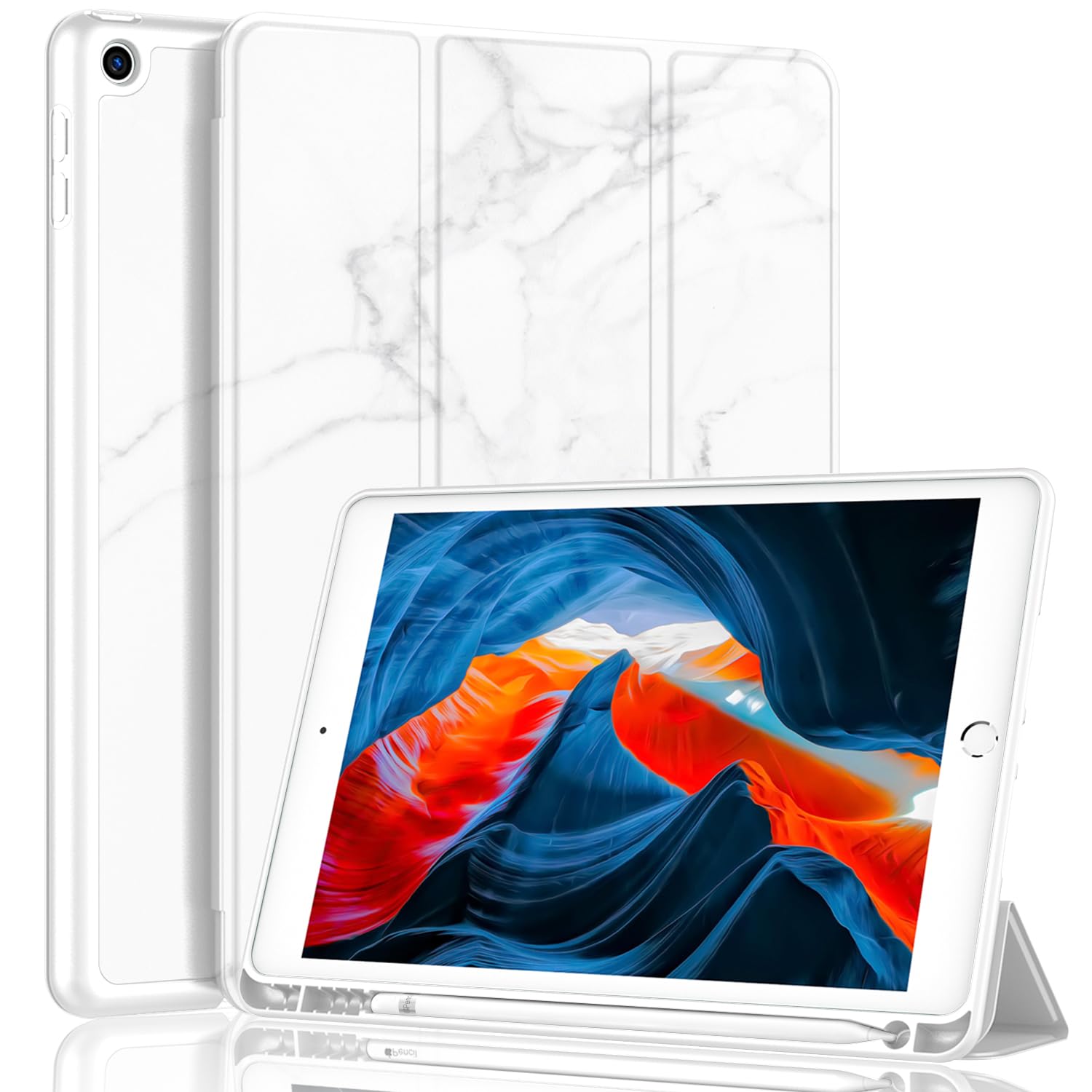 Imieet Ipad 9Th Generation Case 2021/Ipad 8Th Generation Case 2020 10.2 Inch With Pencil Holder, Ipad 7Th Gen 2019 Case With Soft Baby Skin Silicone Back, Auto Wake/Sleep Cover (Marble White)