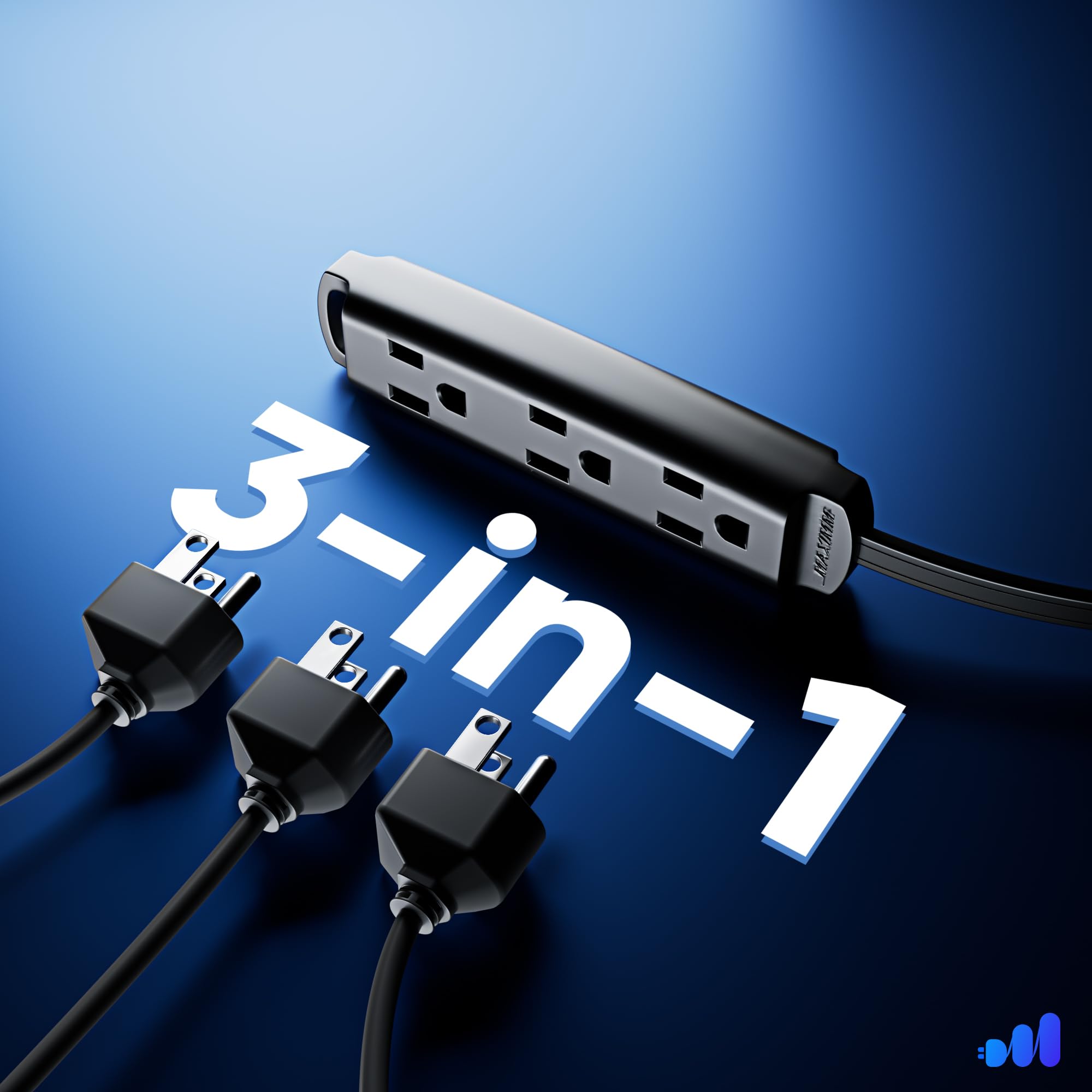 Maximm 10 Ft Black 360 Rotating Flat Plug Extension Cord With 3 Outlets On One Side, Versatile Long Reach For Home & Office Use