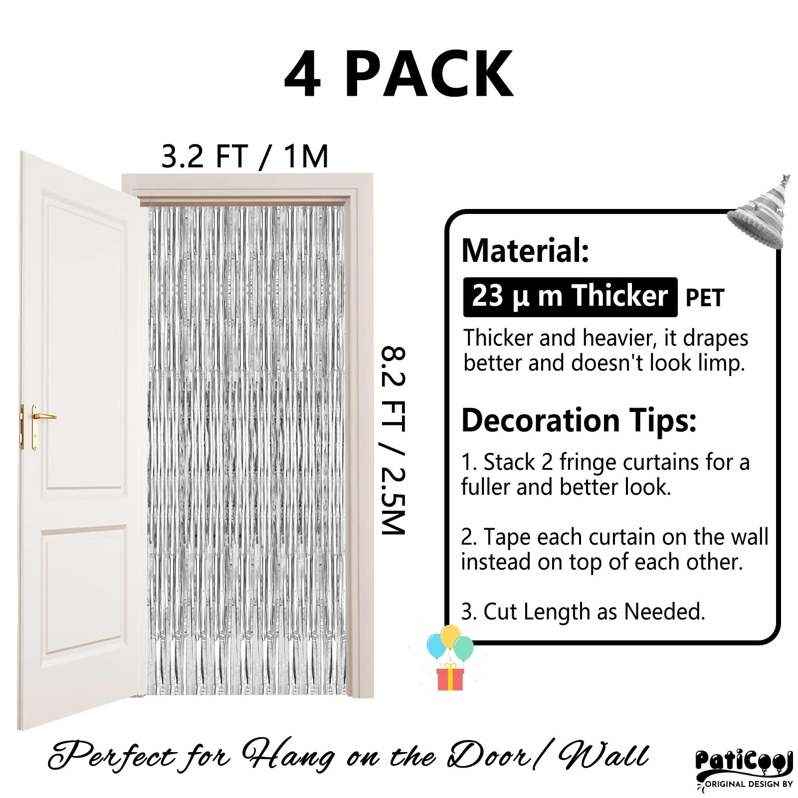 Paticool Silver Tinsel Foil Fringe Curtain Backdrop   Thicken 4 Pack 3.2 X 8.2 Ft   Glitter Silver Door Streamers Party Backdrop