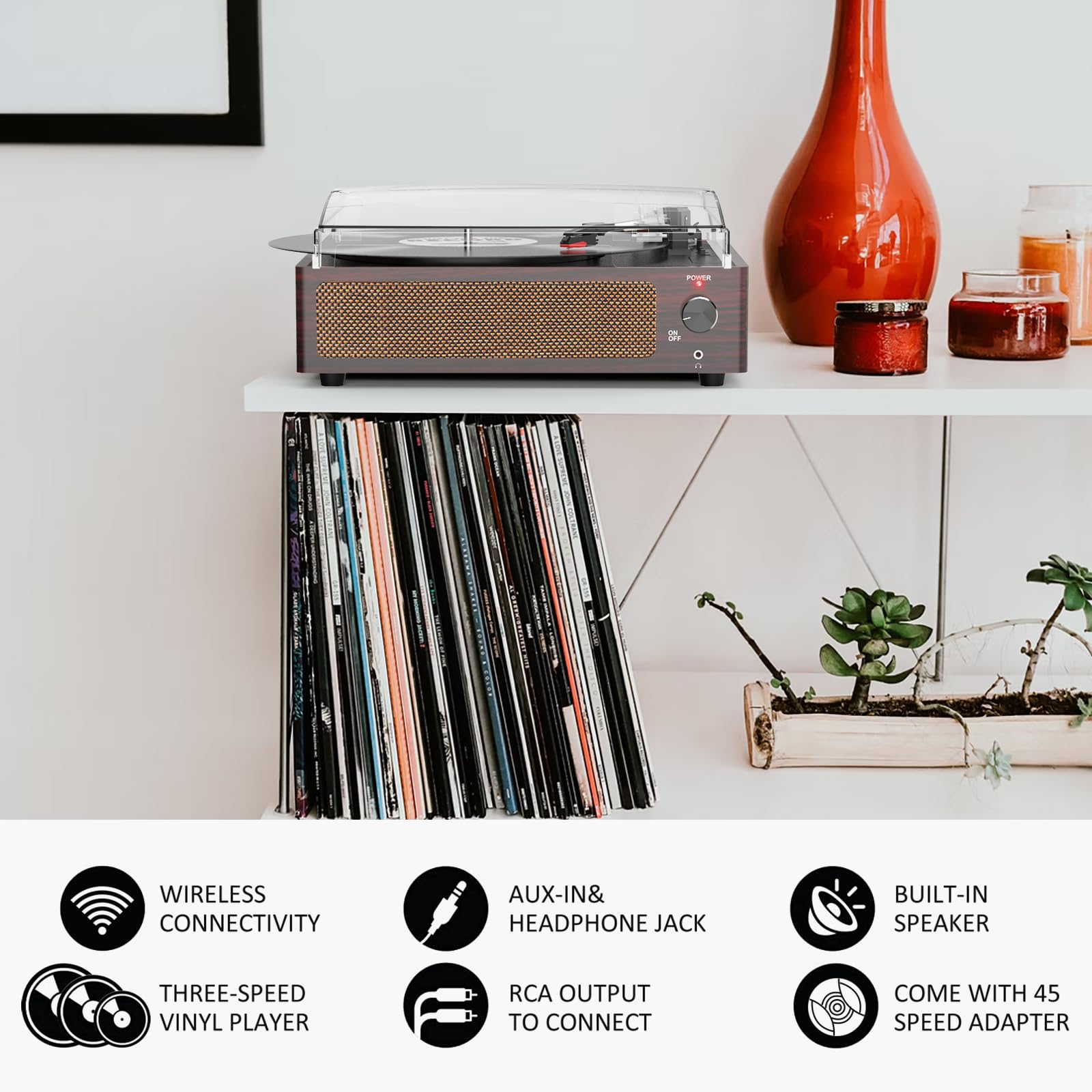 Wockoder Vinyl Record Players Turntable With Speakers Belt Driven Turntables For Vinyl Records 3 Speed Lp Vinyl Player Wireless