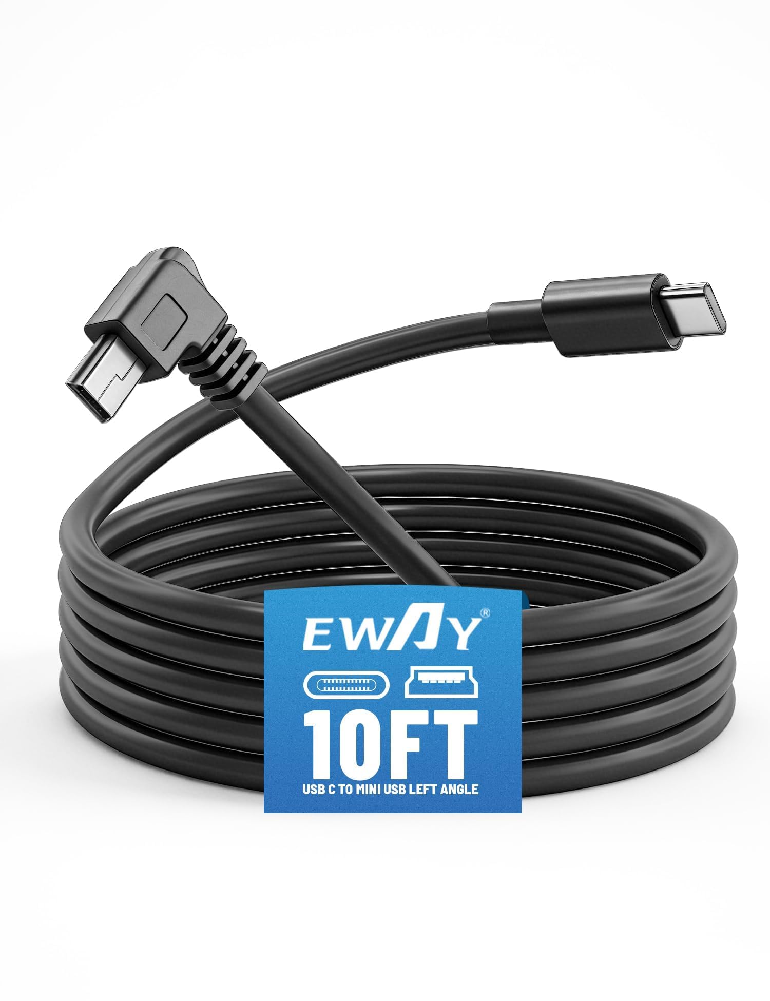 EWAY Mini USB Dash Cam Power Cord 10ft, USBC to Left Angle Minib Cable, Replacement Dashcam Power Supply Cable for Front Rear 
