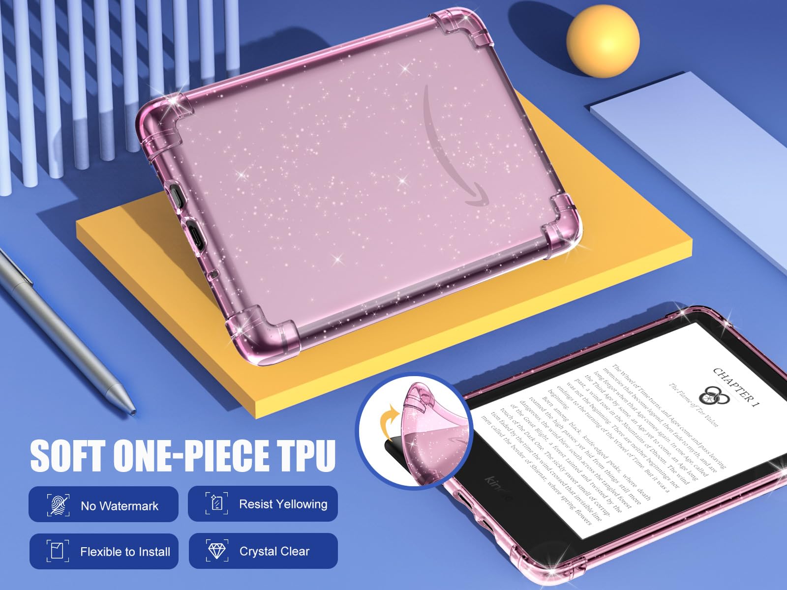 MoKo Case for 6' All New Kindle (11th Generation 2024/2022 Release), Ultra Clear Soft Flexible Transparent TPU Skin Bumper Back Cover Shell, Glitter Flowers Pink