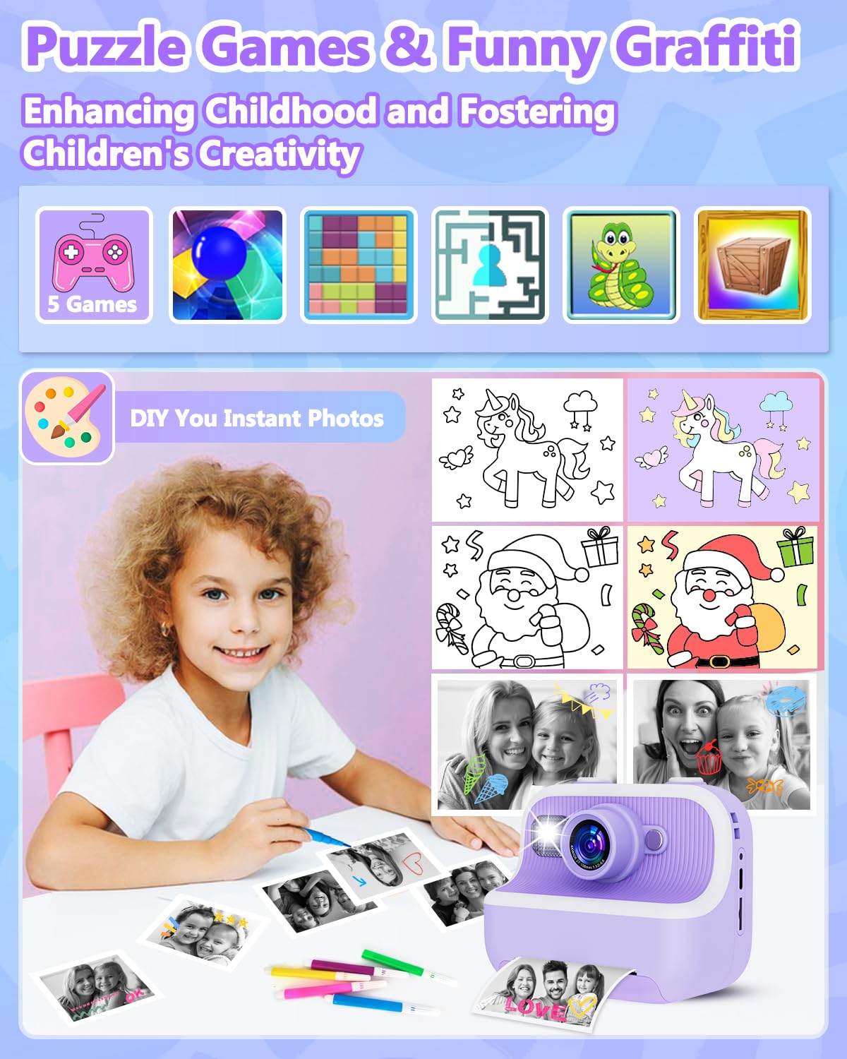 Instant Print Camera For Kids, Christmas Birthday Gifts For Girls Boys, Kids Camera Instant Print With Dual Camera 1080P Digital