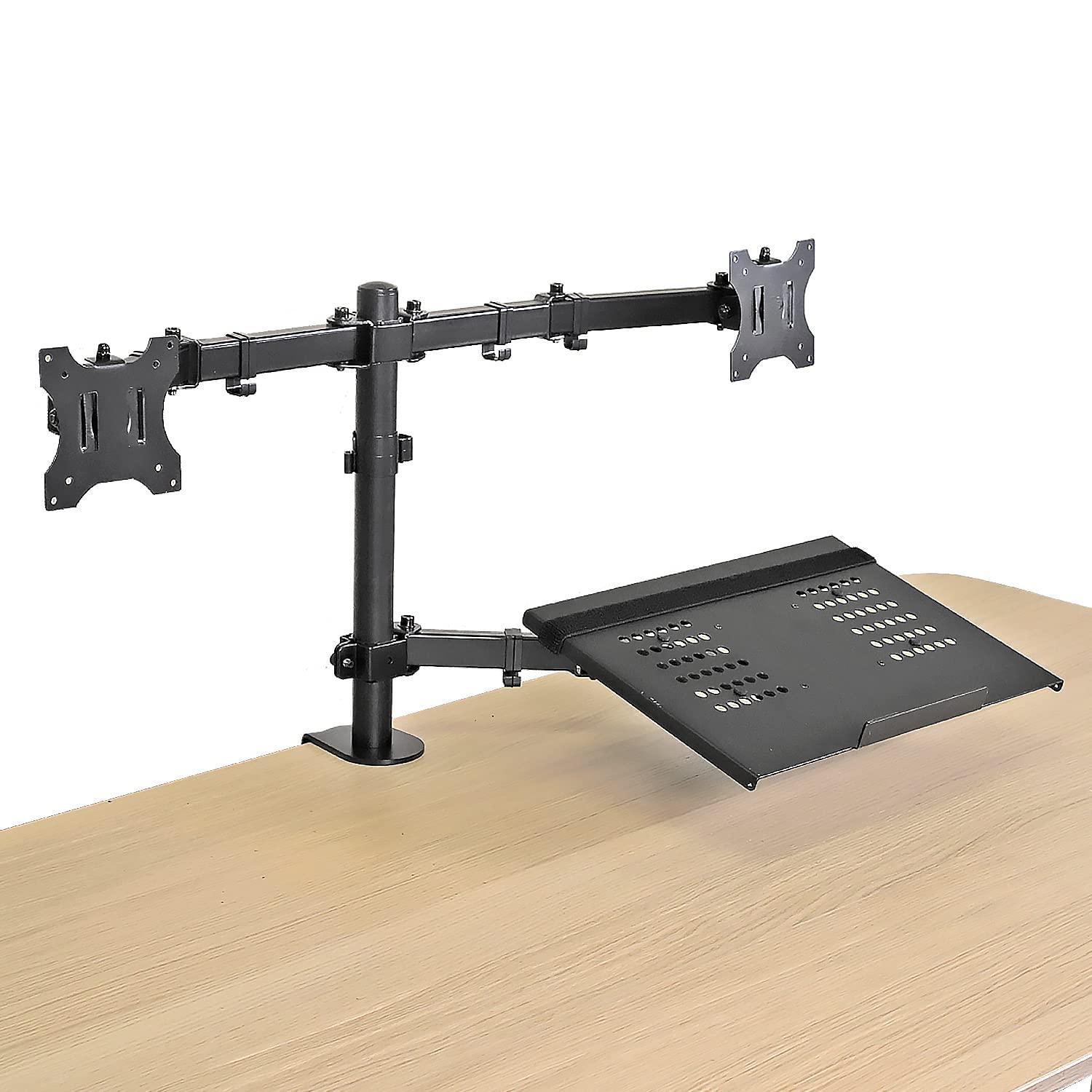 Aeons Dual Monitor And Laptop Desk Mount Combo Stand With Notebook Tray Fits 17 Inch, 3 In 1 Adjustable Triple Arm Mount Fits 27 Inch Lcd Screen With Vesa, Clamp And Cable Management, Black