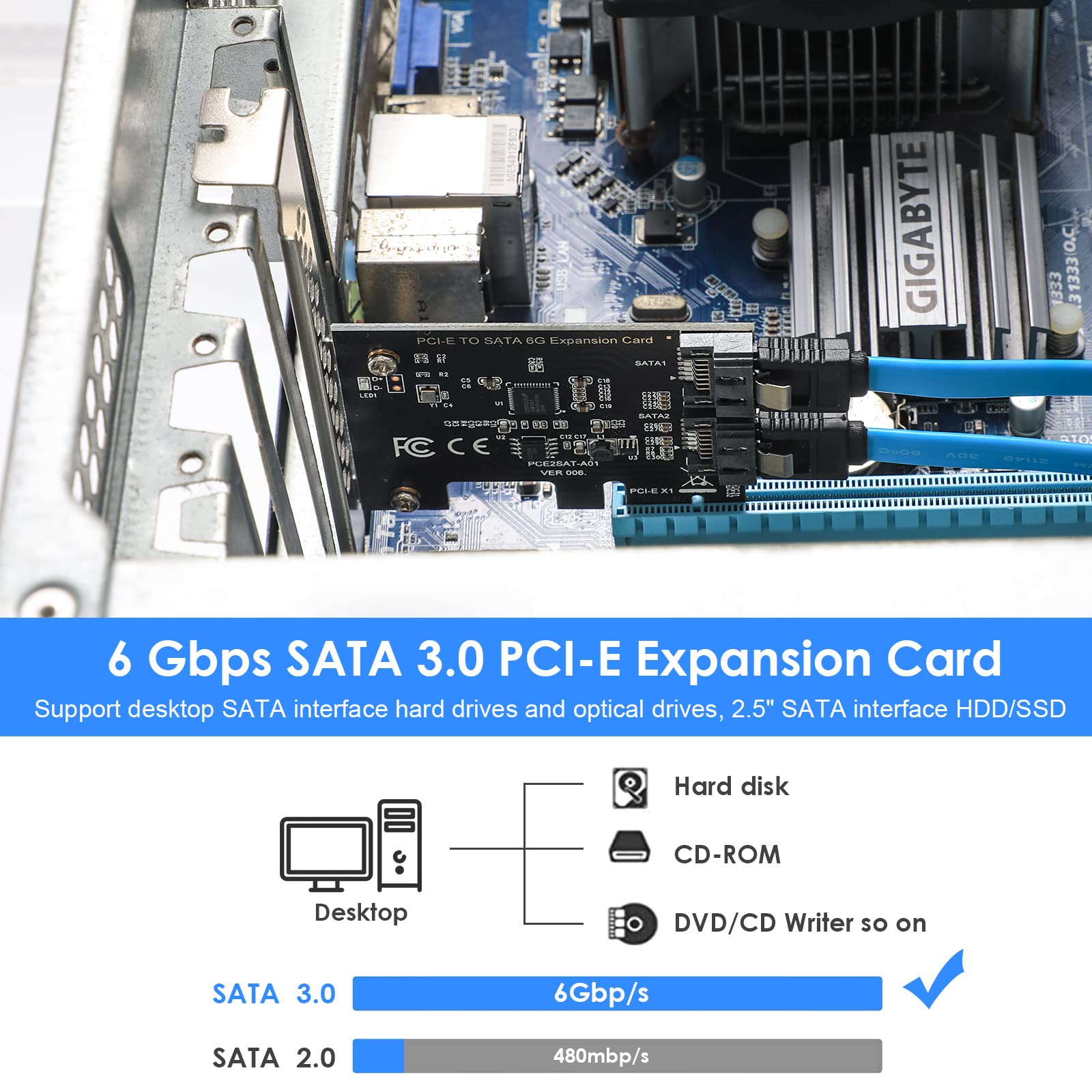 Beyimei Pcie Sata Card 2 Ports, Pci E To Sata Expansion Card,6Gbps Pci E (2X 4X 8X 16X) Sata 3.0 Controller Card For Windows10/8/7/Xp/Vista/Linux,Support Ssd And Hdd