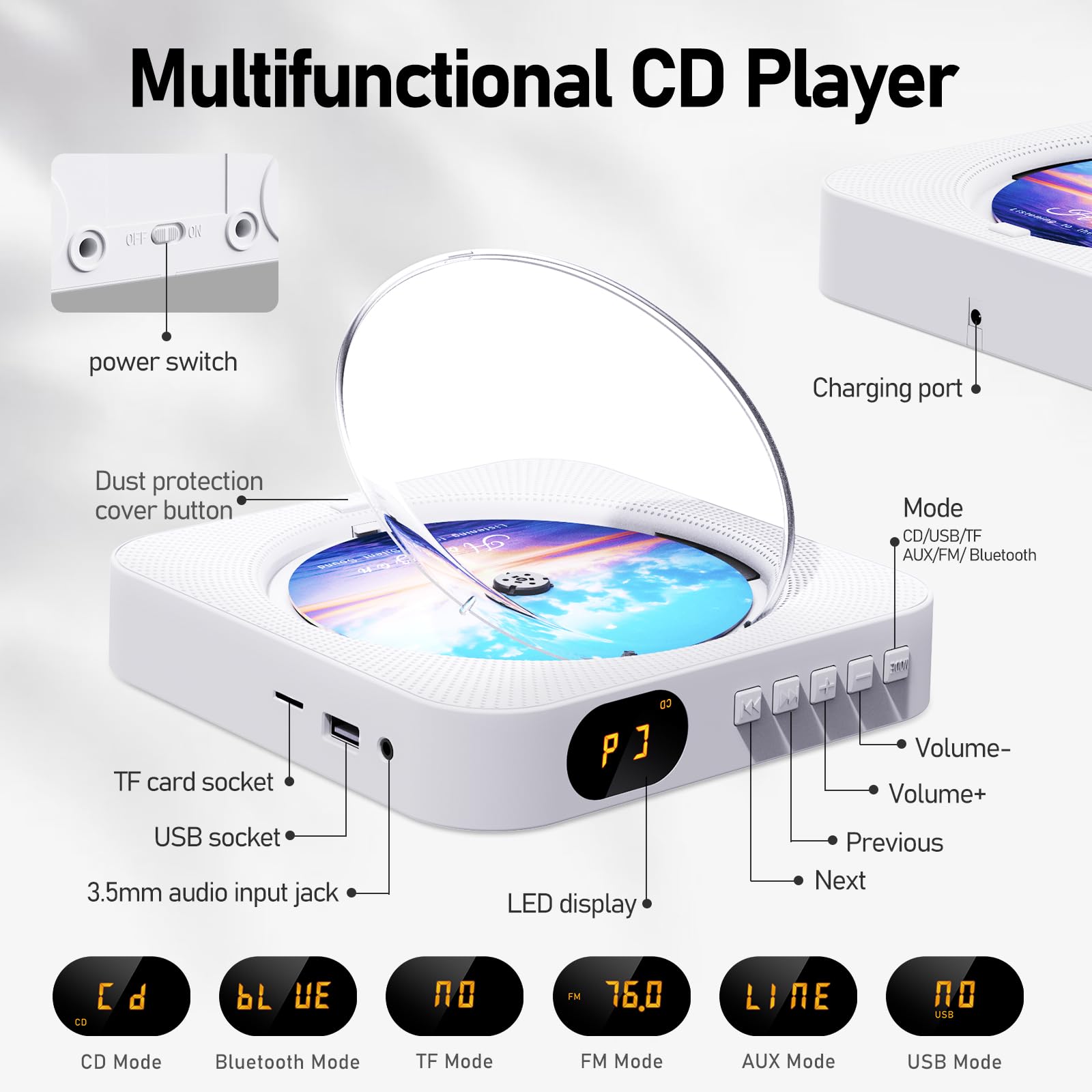 MICOCIOUS Bluetooth Portable CD Music Player - White, Remote Control, Built-in Speakers, FM Radio Boombox with LED Display