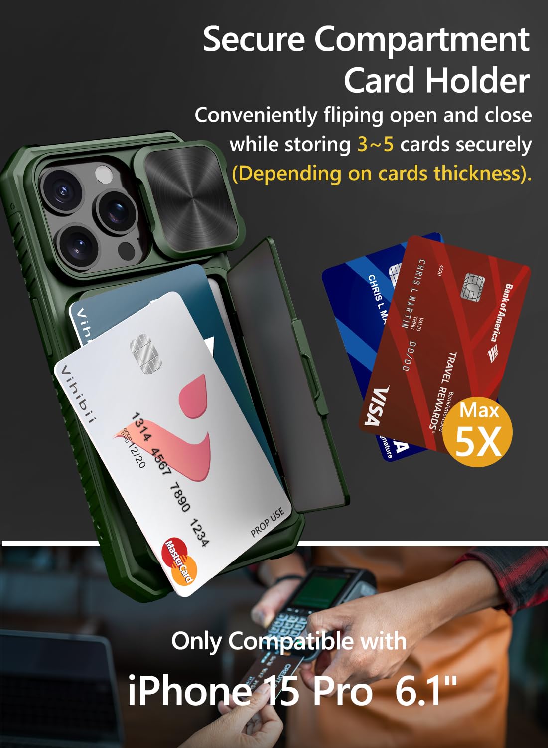 Vihibii For Iphone 15 Pro Case Wallet With Card Holder (4 Cards) & Slide Camera Lens Cover & Kickstand & Raised Edges Protective