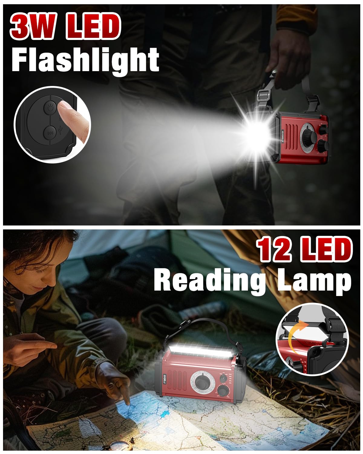 Emergency Radio, Hand Crank Radio, Solar Radio, Am Fm Noaa Weather Radio, 4 Charging Methods, Torch & Led Reading Light, Sos Ala