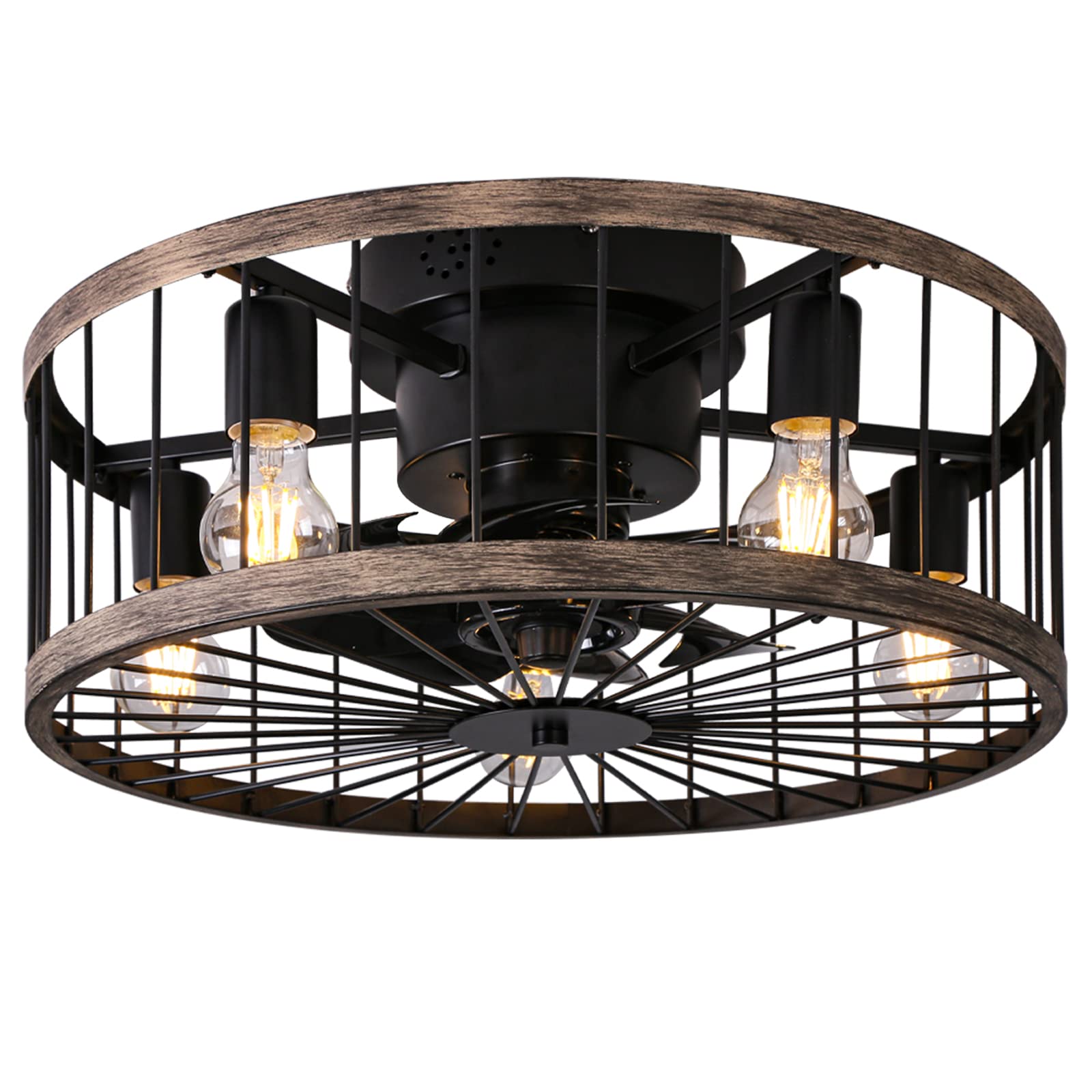 Ohniyou Flush Mount Caged Ceiling Fan with Lights Remote Control, 20 Inch Low Profile Farmhouse Ceiling Fan, Bladeless Enclosed 