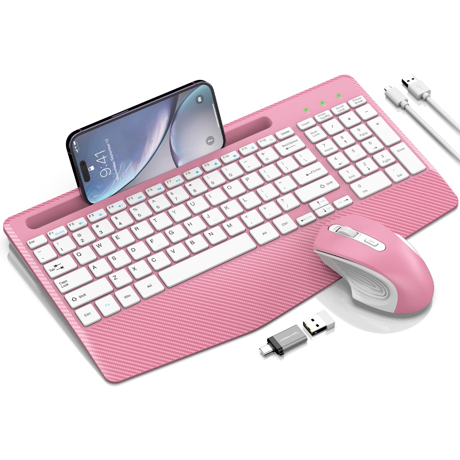 Wireless Keyboard And Mouse Combo, Ergonomic Keyboard With Wrist Rest, Phone Holder, Sleep Mode, 2.4G Lag Free Rechargeable Comp