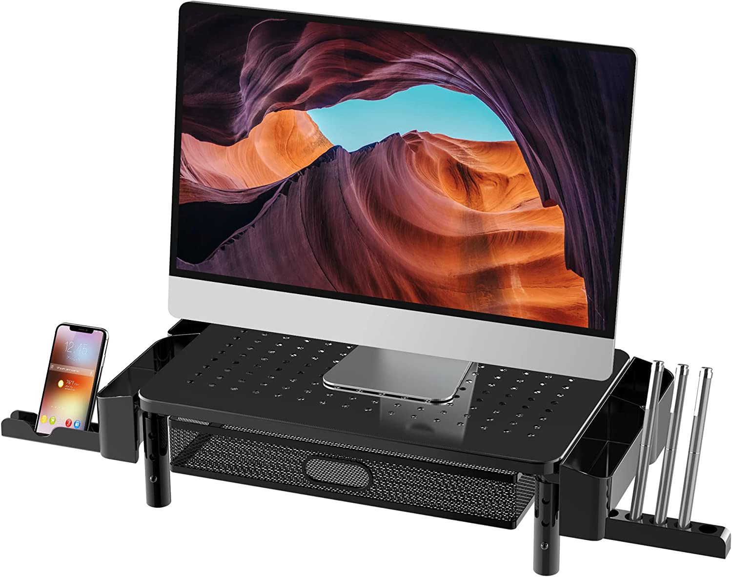 CHENOMiNL Monitor Stand Riser with Drawer & Phone Holder, Black
