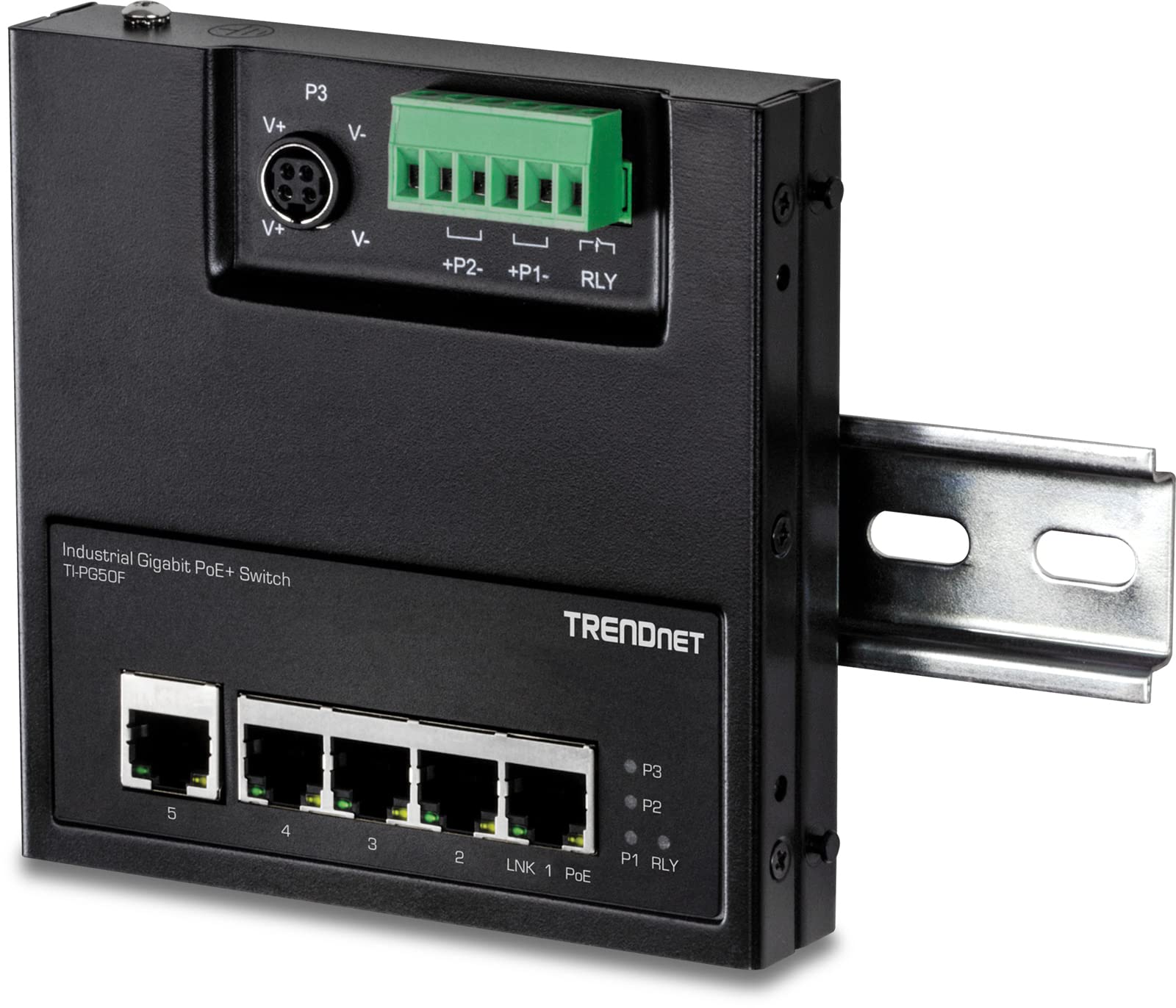 Trendnet 5 Port Industrial Gigabit Poe+ Wall Mounted Front Access Switch, 5X Gigabit Poe+ Ports, Din Rail Mount, 48  57V Dc Powe