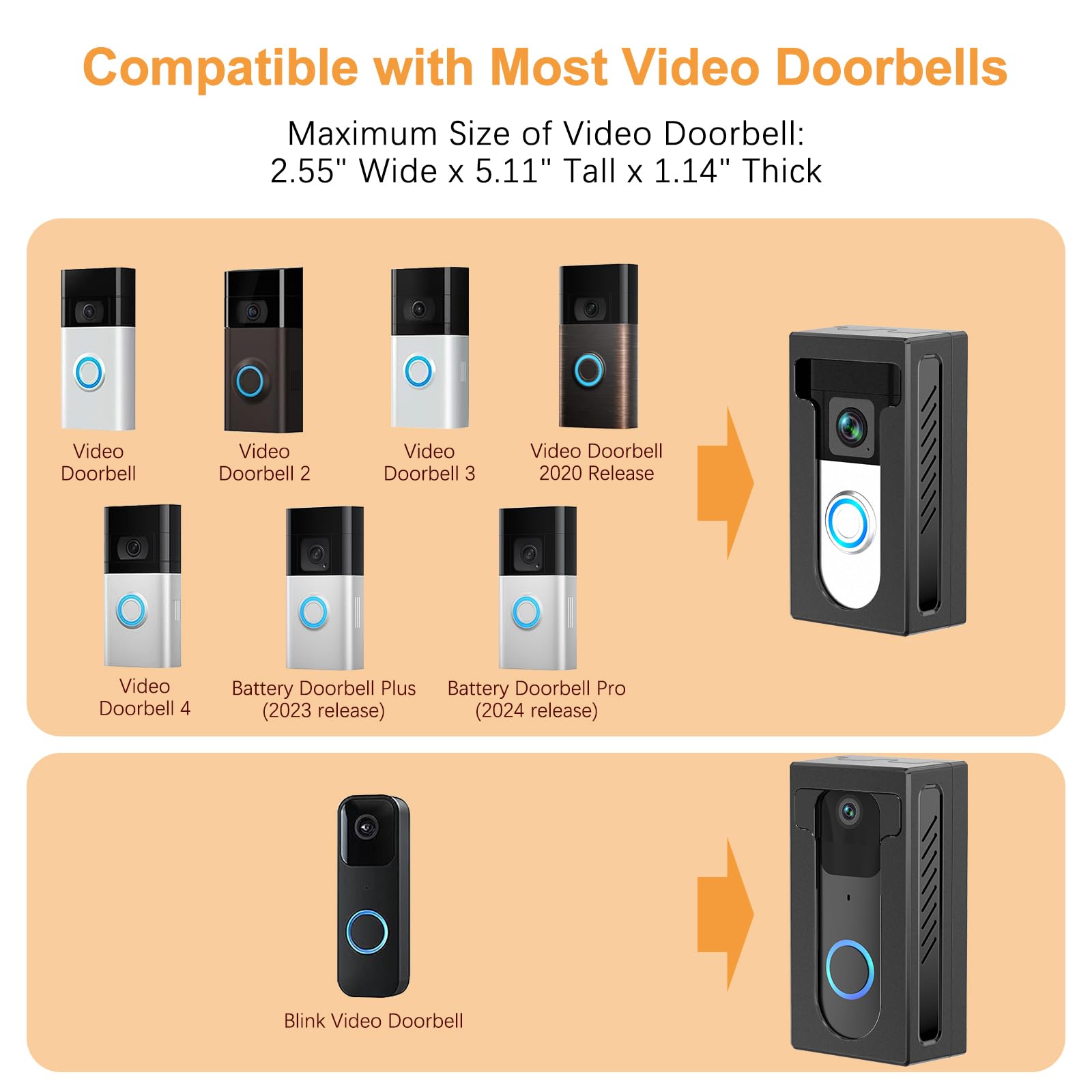 Qibox No Drill Adhesive Video Doorbell Mount Compatible For Ring/Blink Wireless Video Doorbell, Not Block Doorbell Sensor, Anti