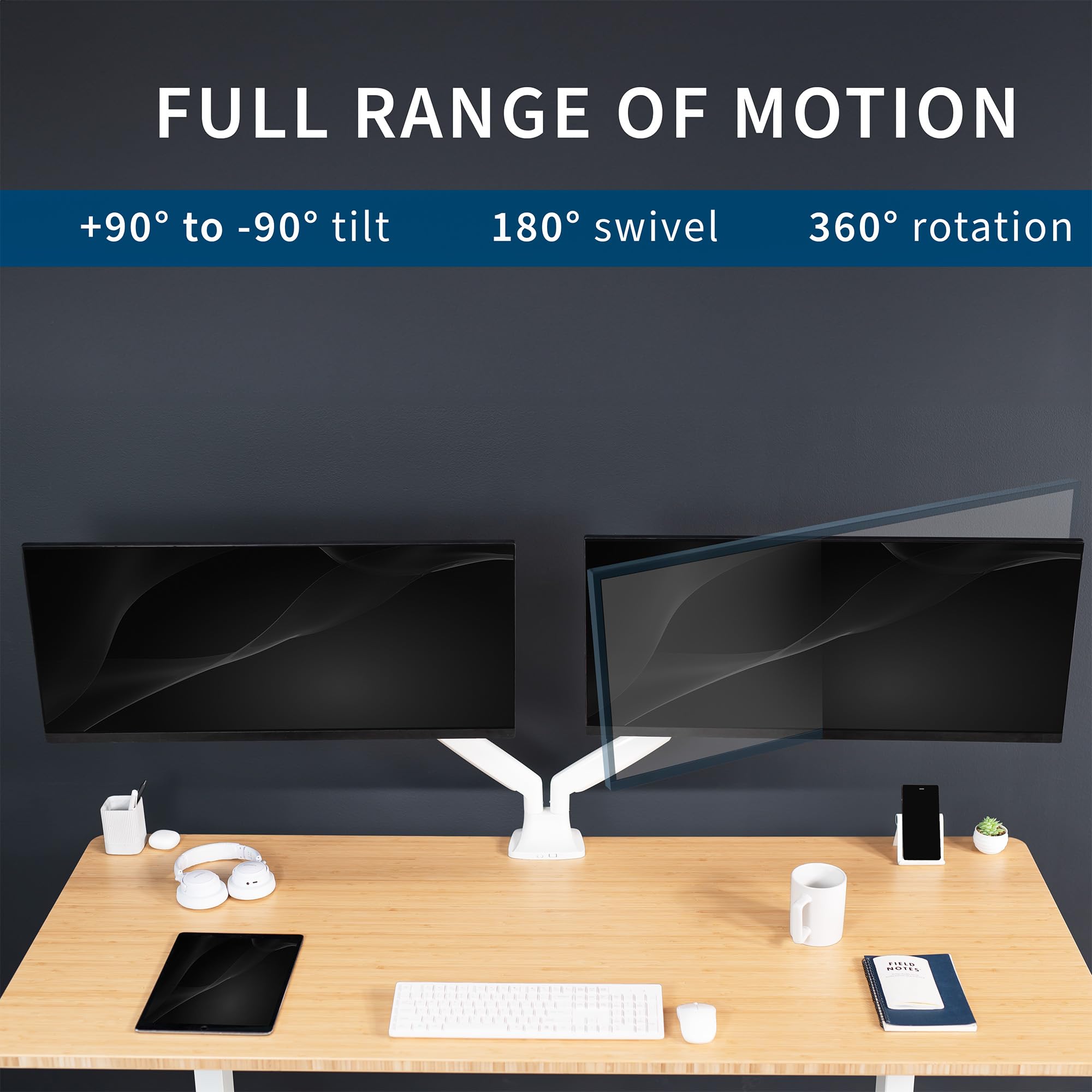 VIVO Premium Aluminum Heavy Duty Dual Monitor Arm for Ultrawide Monitors up to 40 inches and 32.5 lbs Each, Desk Mount Stand, Pneumatic Height, Max VESA 100x100, White, STAND V202QW
