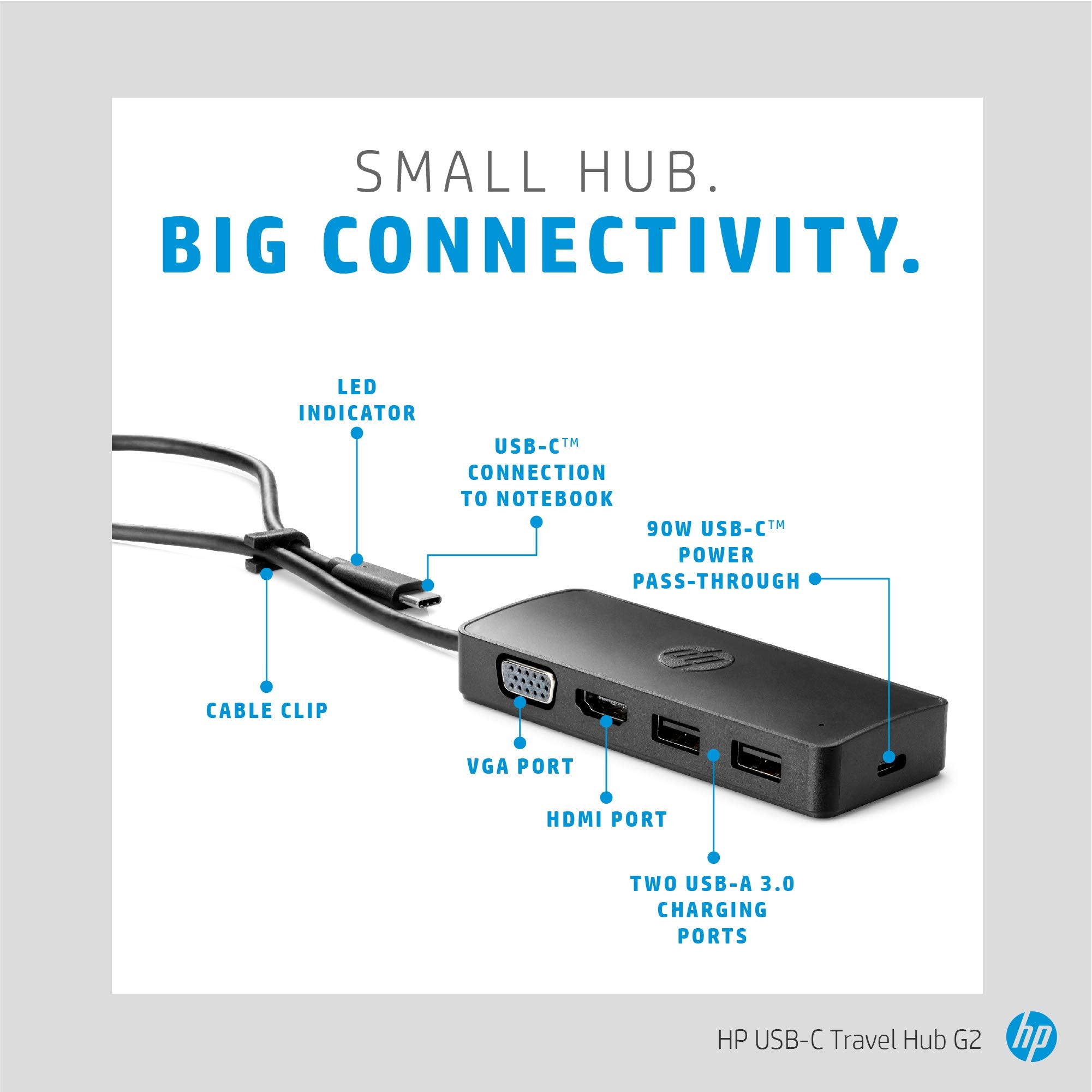HP USB C� Travel Hub G2   Multi Port Dongle for Charging, Accessories, and Connecting an Extra Display   HDMI, VGA, and Two USB A 3.0 Ports   Scalable Power with 45W, 65W, or 90W Adapter