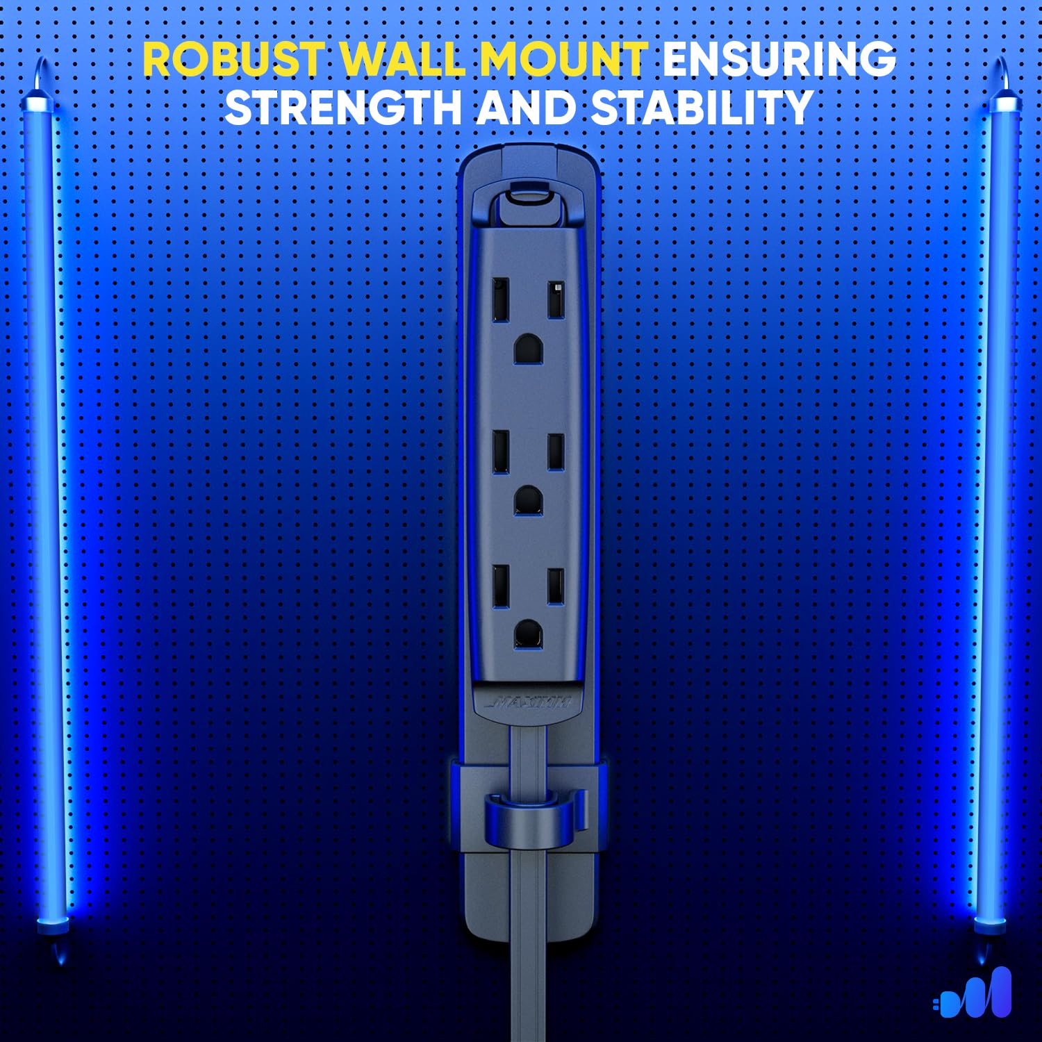 Maximm 360 Degree Rotating Flat Extension Cord 15 Ft Multi 3 Outlet Power Cord With Mounting Bracket, Grounded 16 Awg Ul Certifi