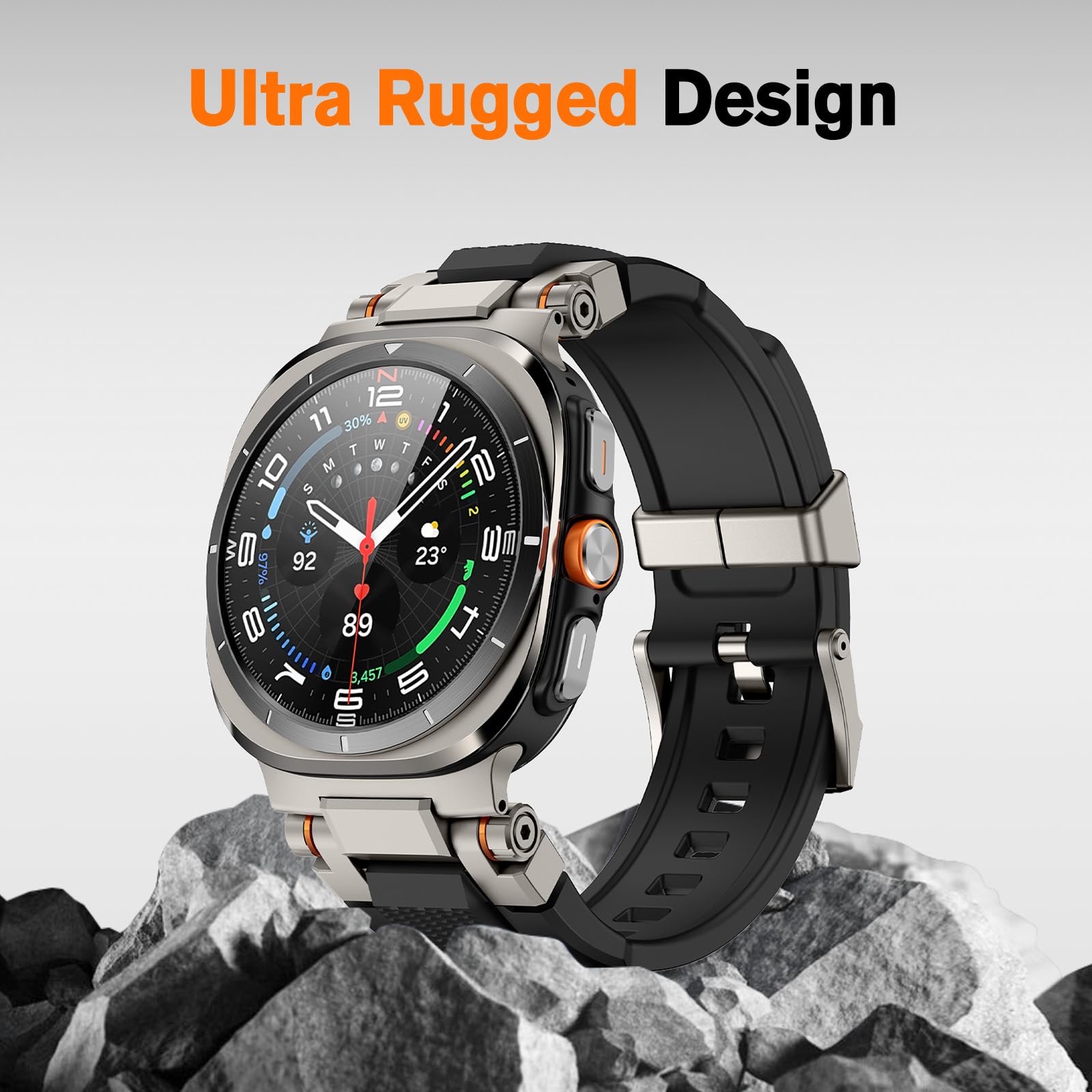 Amband For Samsung Galaxy Watch Ultra (2024) Bands For Men, Metal Connector Rugged Strap With Glass Screen Protector Compatible