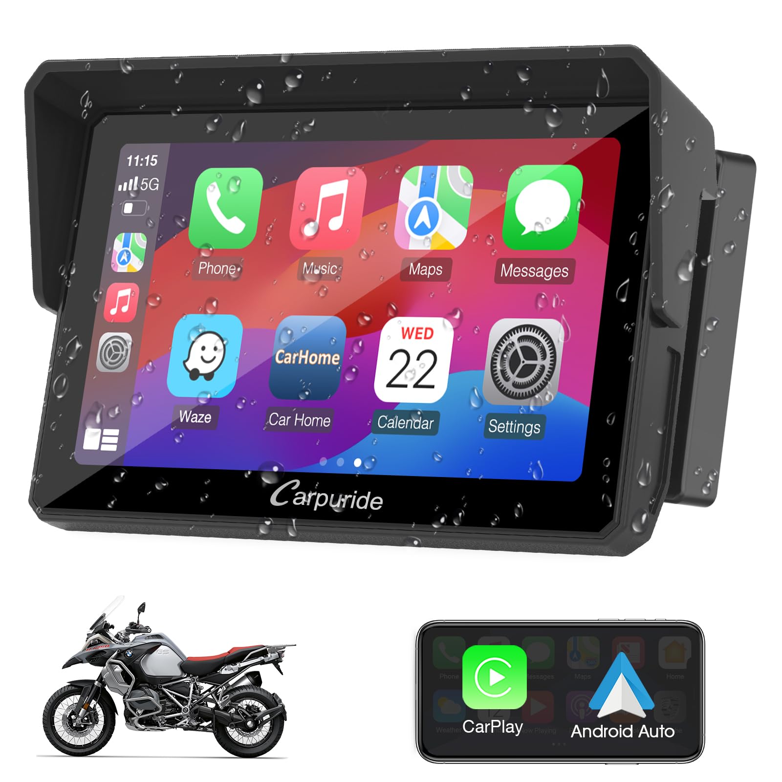Carpuride W502B Motorcycle Carplay Screen For Bmw R1200Gs R1250Gs S1000Xr Motorcycle, 5 Inch Waterproof Touchscreen, Portable Carplay/Android Auto Gps Navigation For Motorbike, Dual Bluetooth