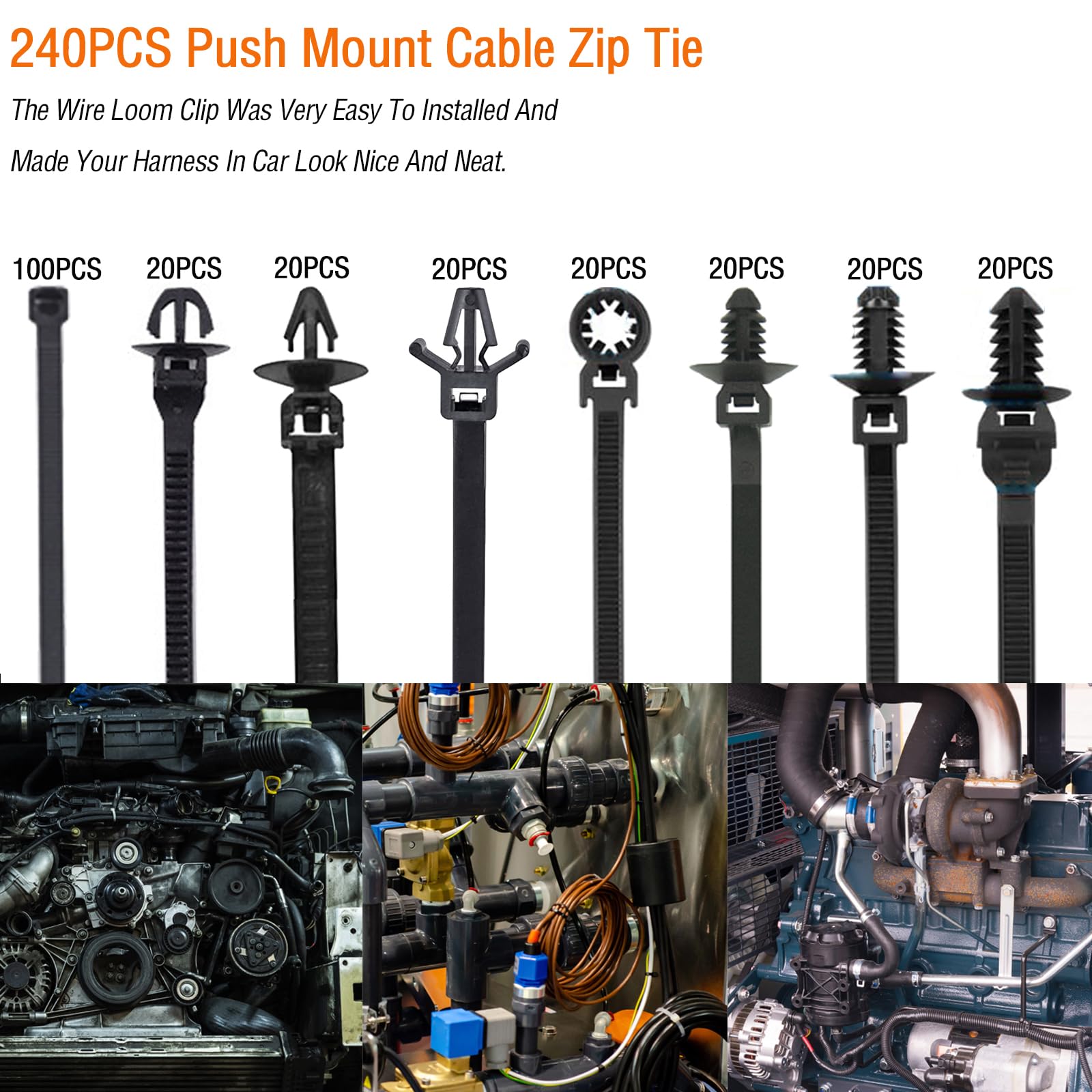 240Pcs Push Mount Cable Zip Tie,Nylon Self Locking Cable Strap,8 Most Popular Sizes,Heavy Duty Self Locking Uv Resistant Wire Ti